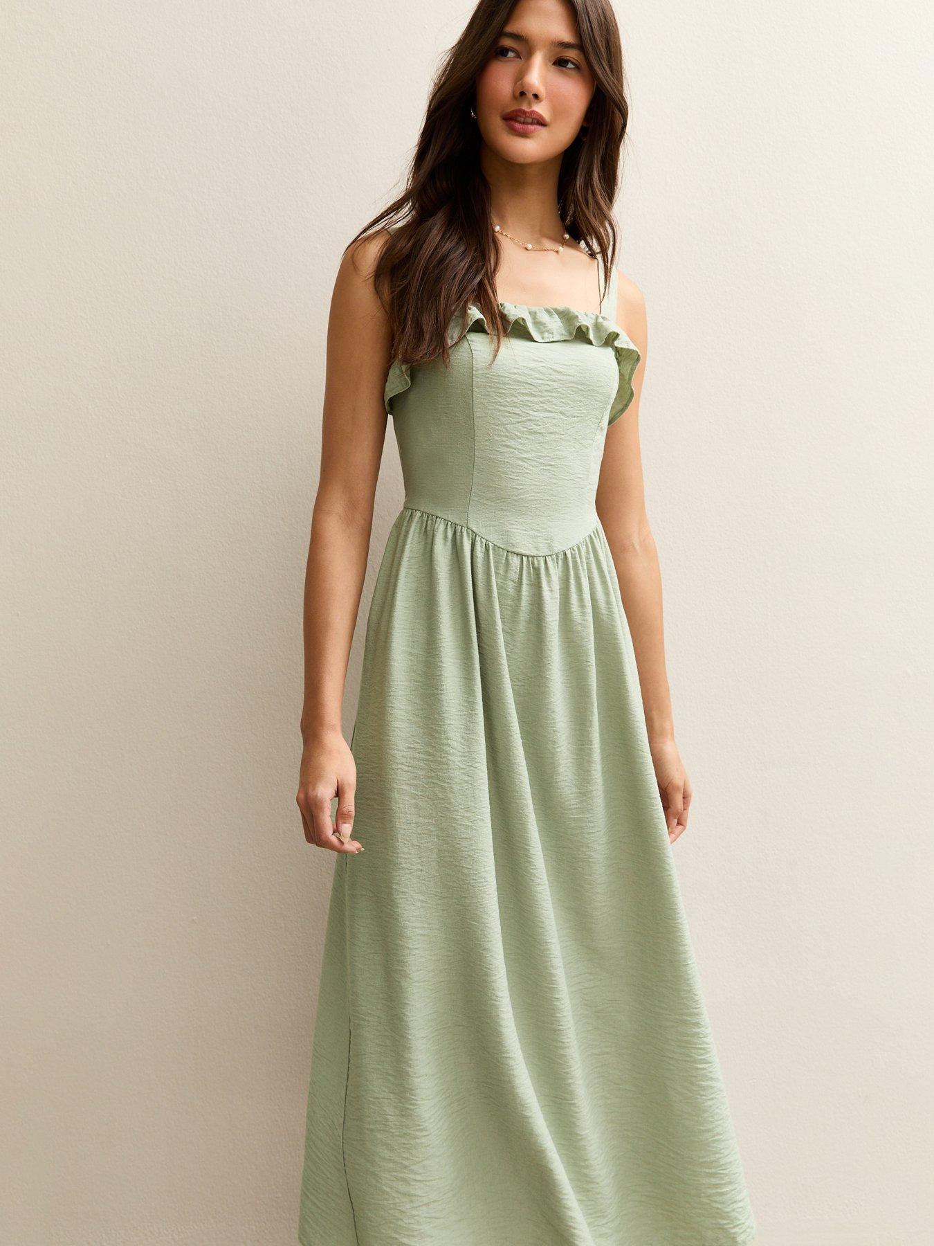 Image 3 of 5 of New Look Light Khaki Square Neck Frilly Trim Midi Dress
