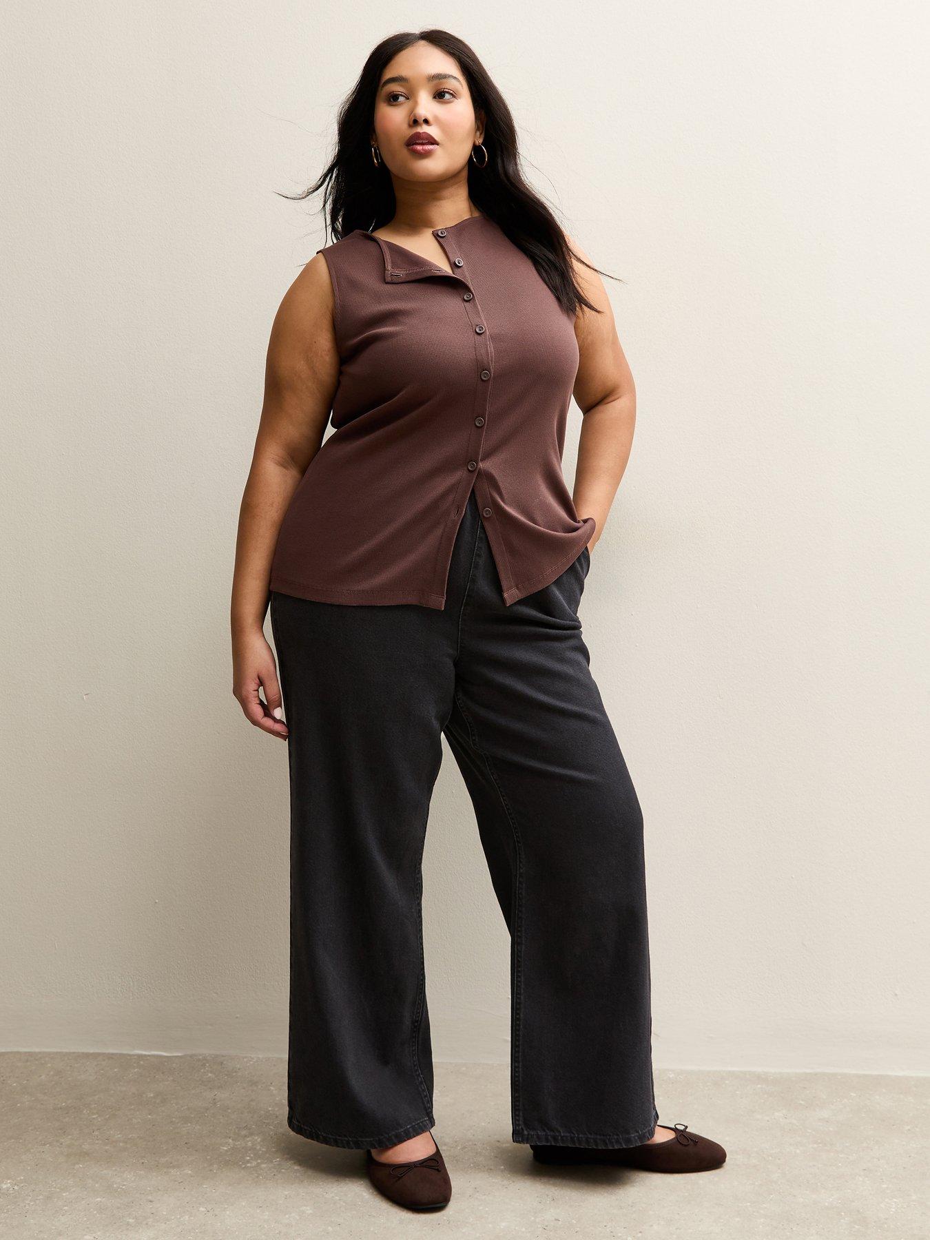 New Look Curves Elasticated Waist Pull On Wide Leg Jeans - Black