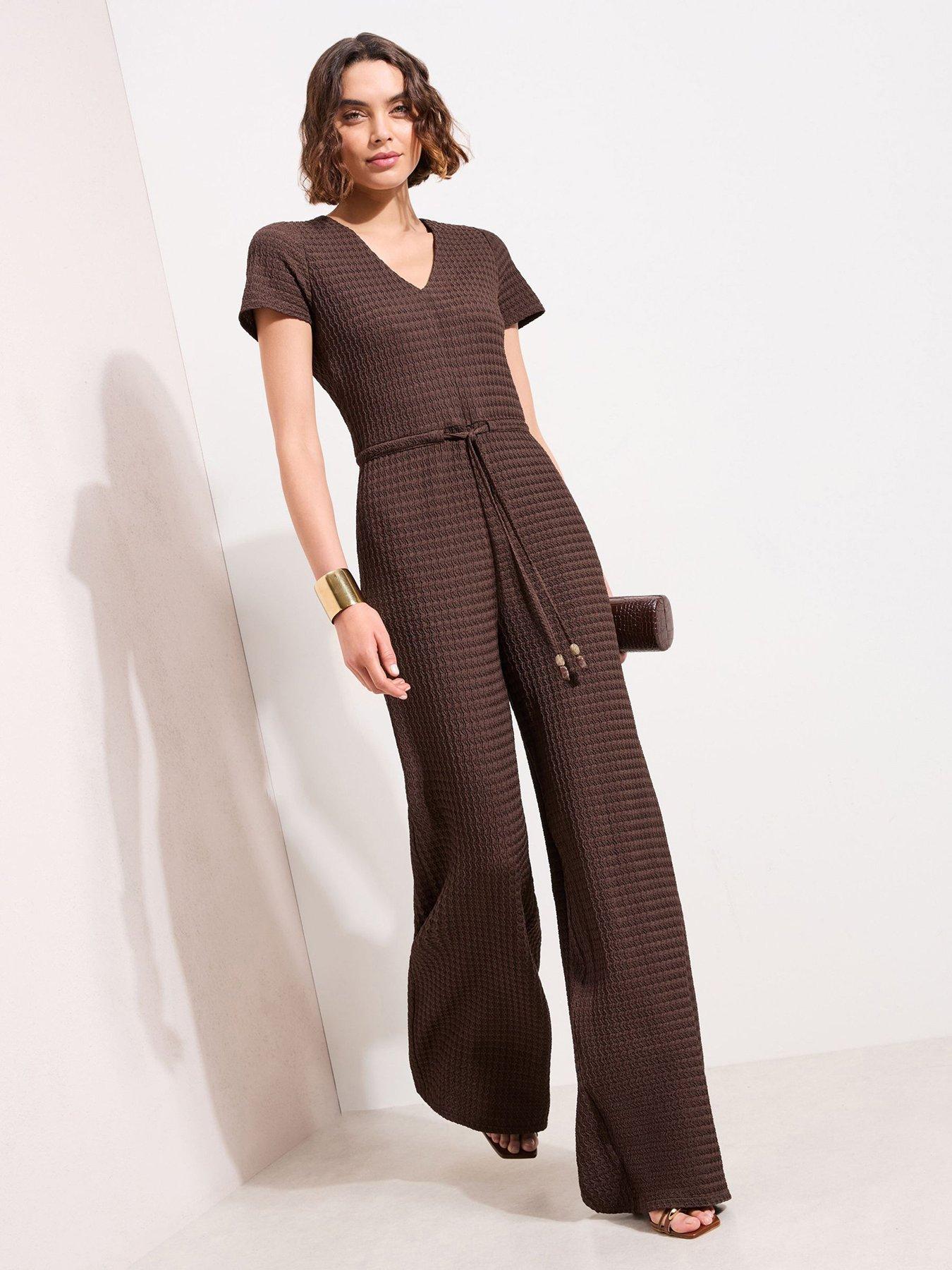 Image 1 of 4 of Friends Like These Beaded Drawstring Textured Jersey Jumpsuit - Brown
