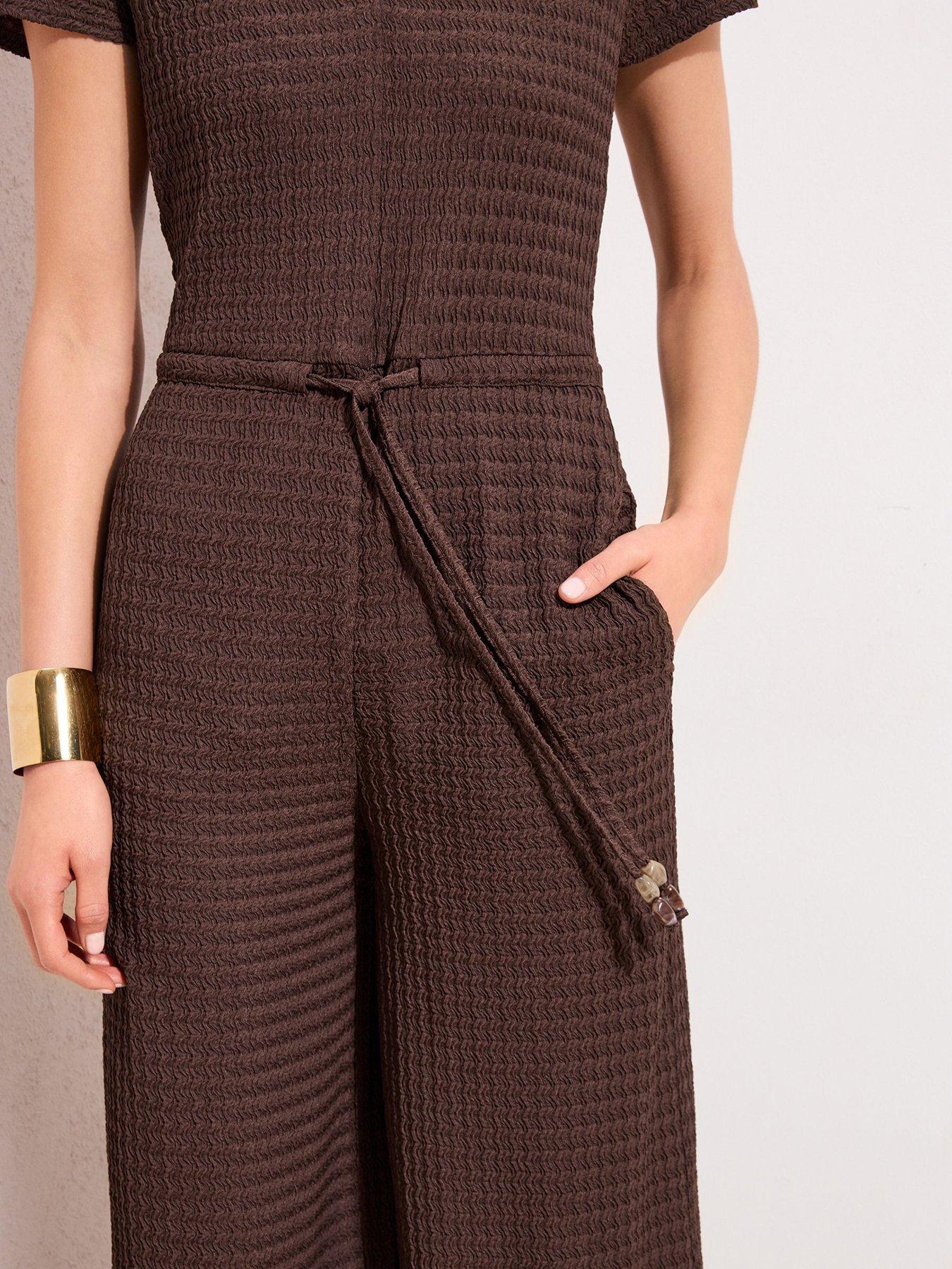 Image 4 of 4 of Friends Like These Beaded Drawstring Textured Jersey Jumpsuit - Brown