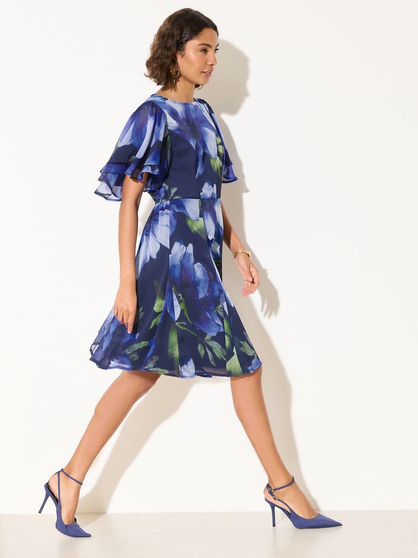 Image 4 of 5 of Friends Like These Tiered Flutter Sleeve Chiffon Mini Dress - Blue