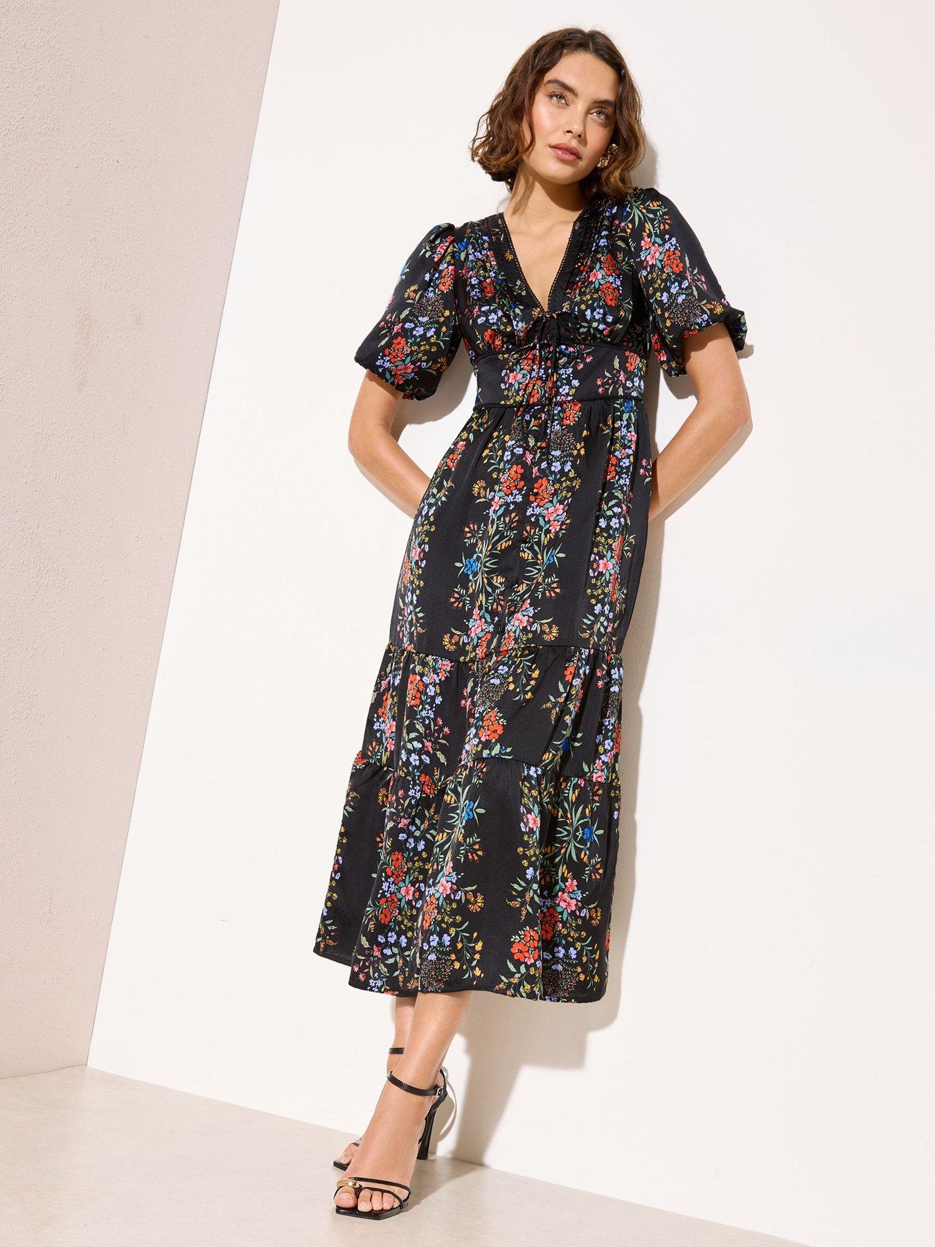 Friends Like These V Neck Ditsy Print Tie Front Midi - Black