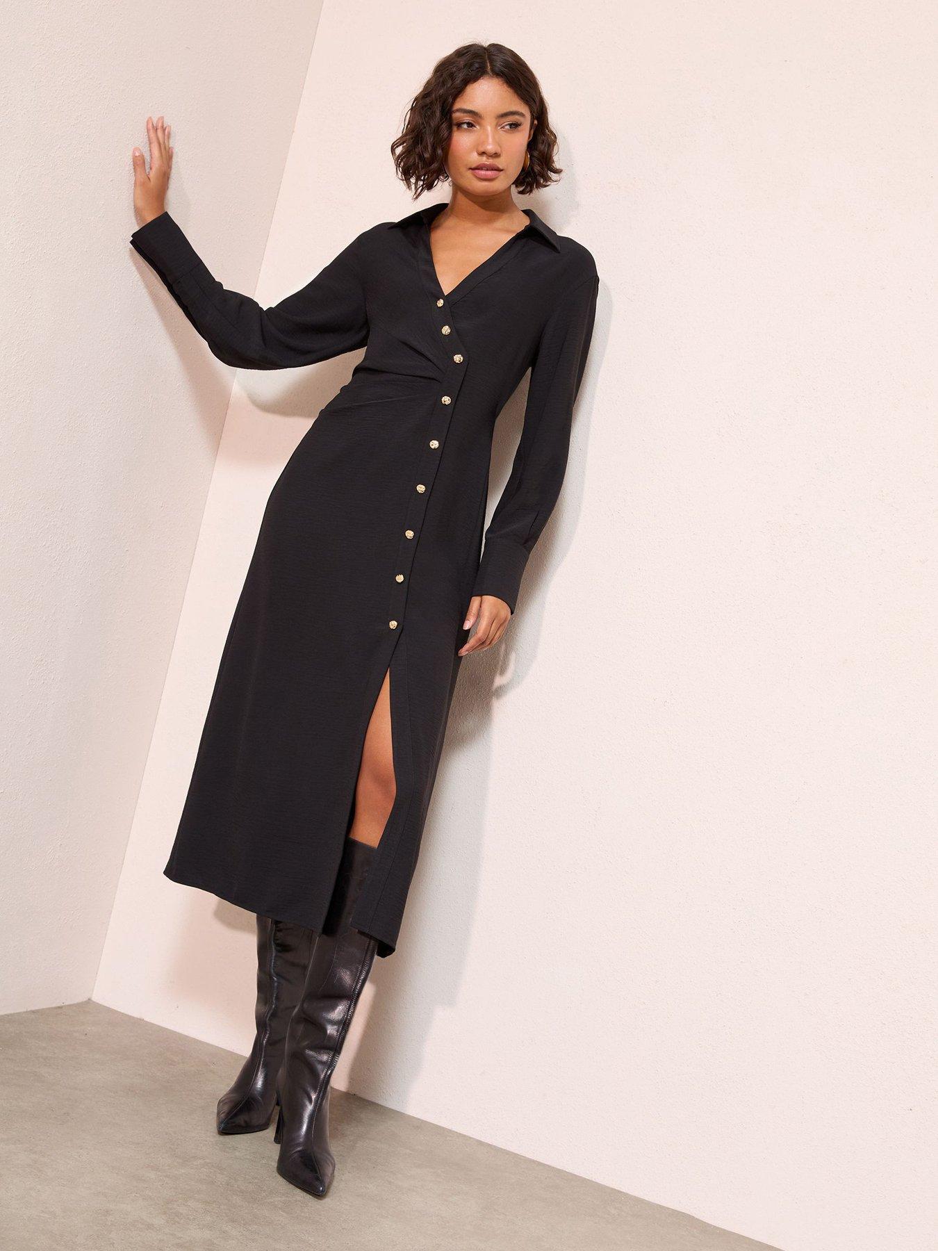 Friends Like These: Side Button Midi Shirt Dress - Black