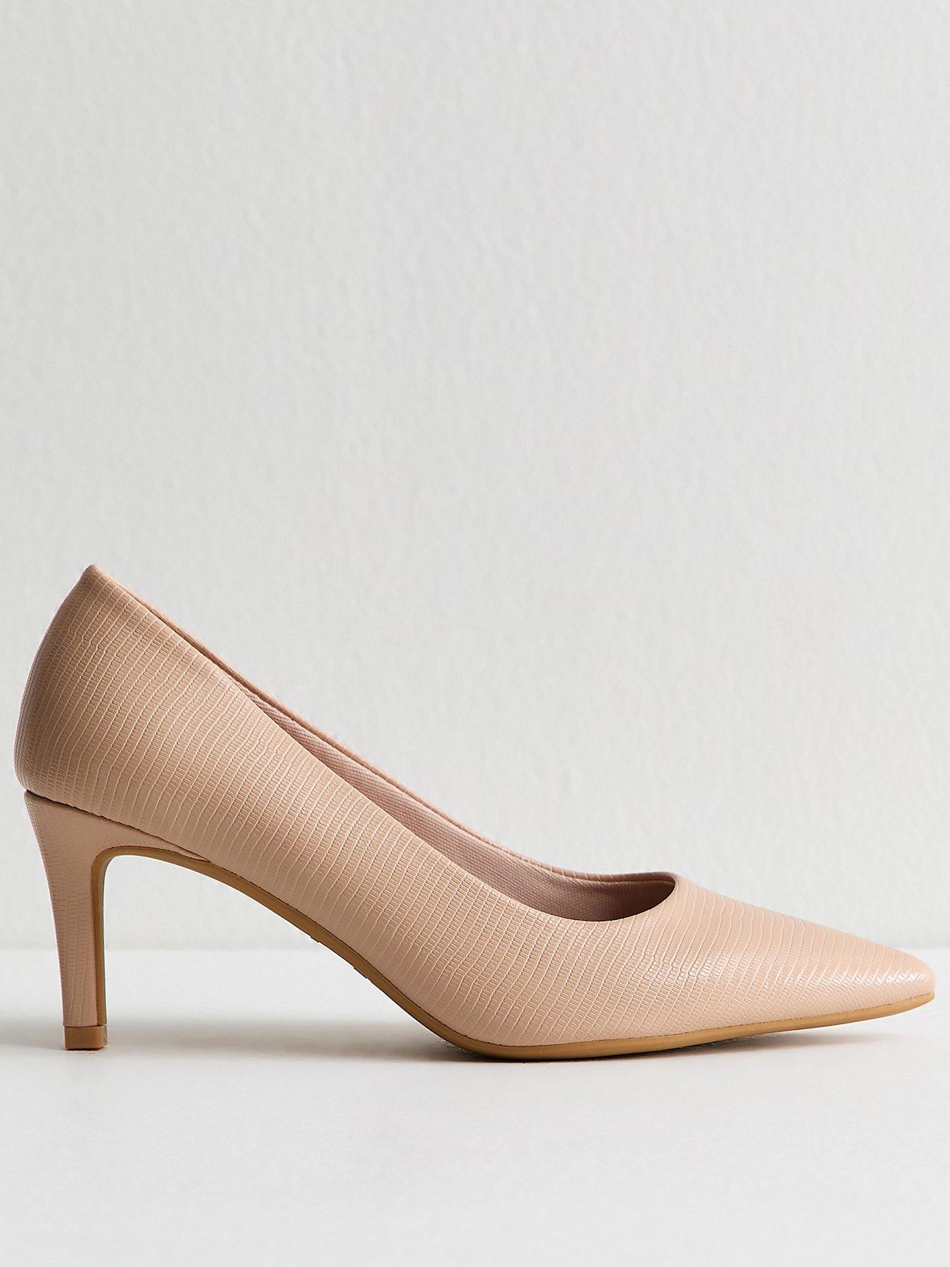 Image 2 of 5 of New Look Light Pink Faux Leather Lizard Embossed Heeled Court Shoes