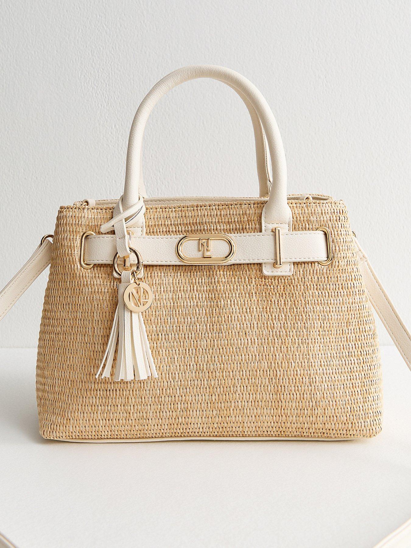 New Look Stone Raffia Look Triple Compartment Top Handle Bag