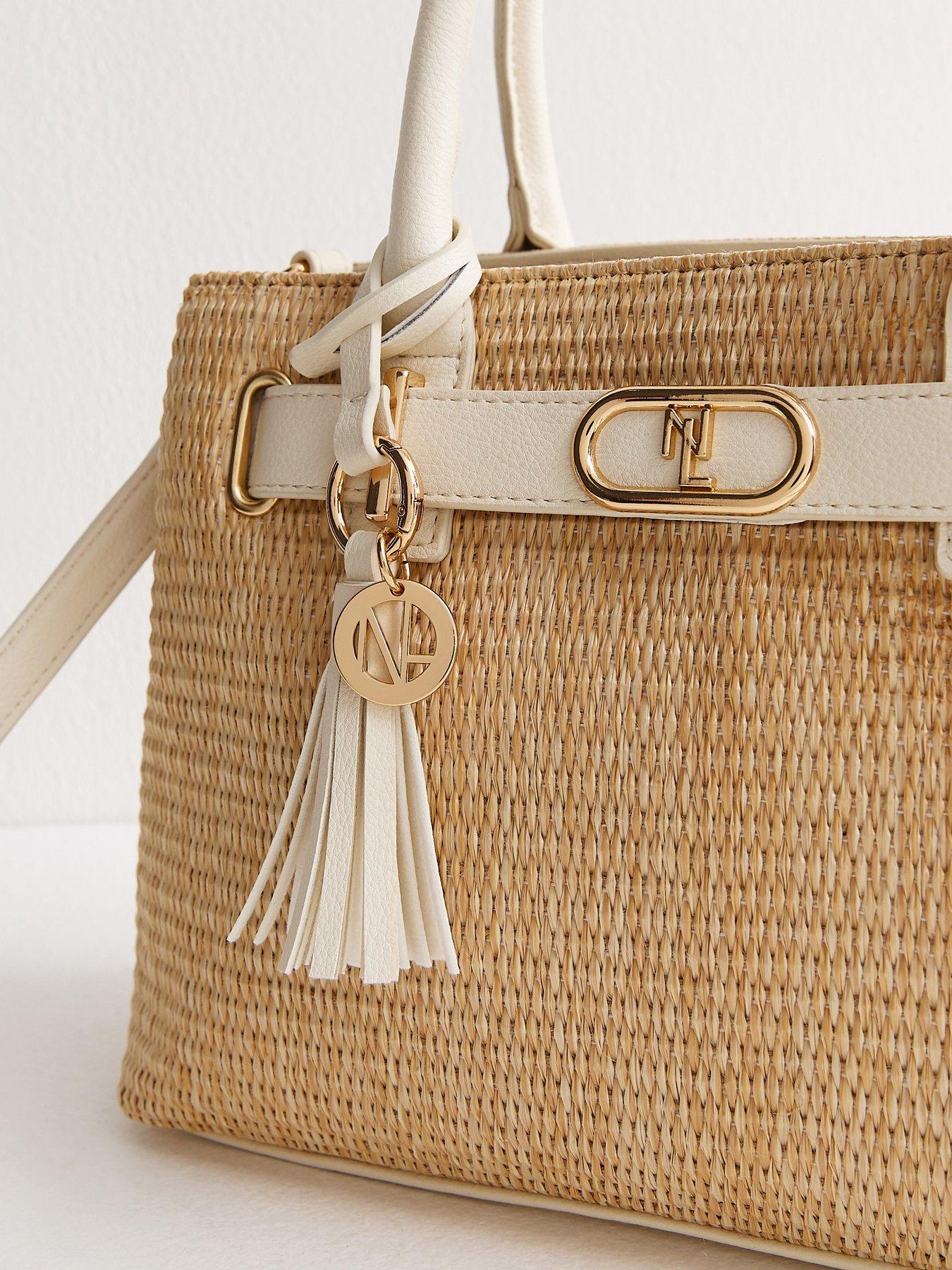Image 3 of 4 of New Look Stone Raffia Look Triple Compartment Top Handle Bag