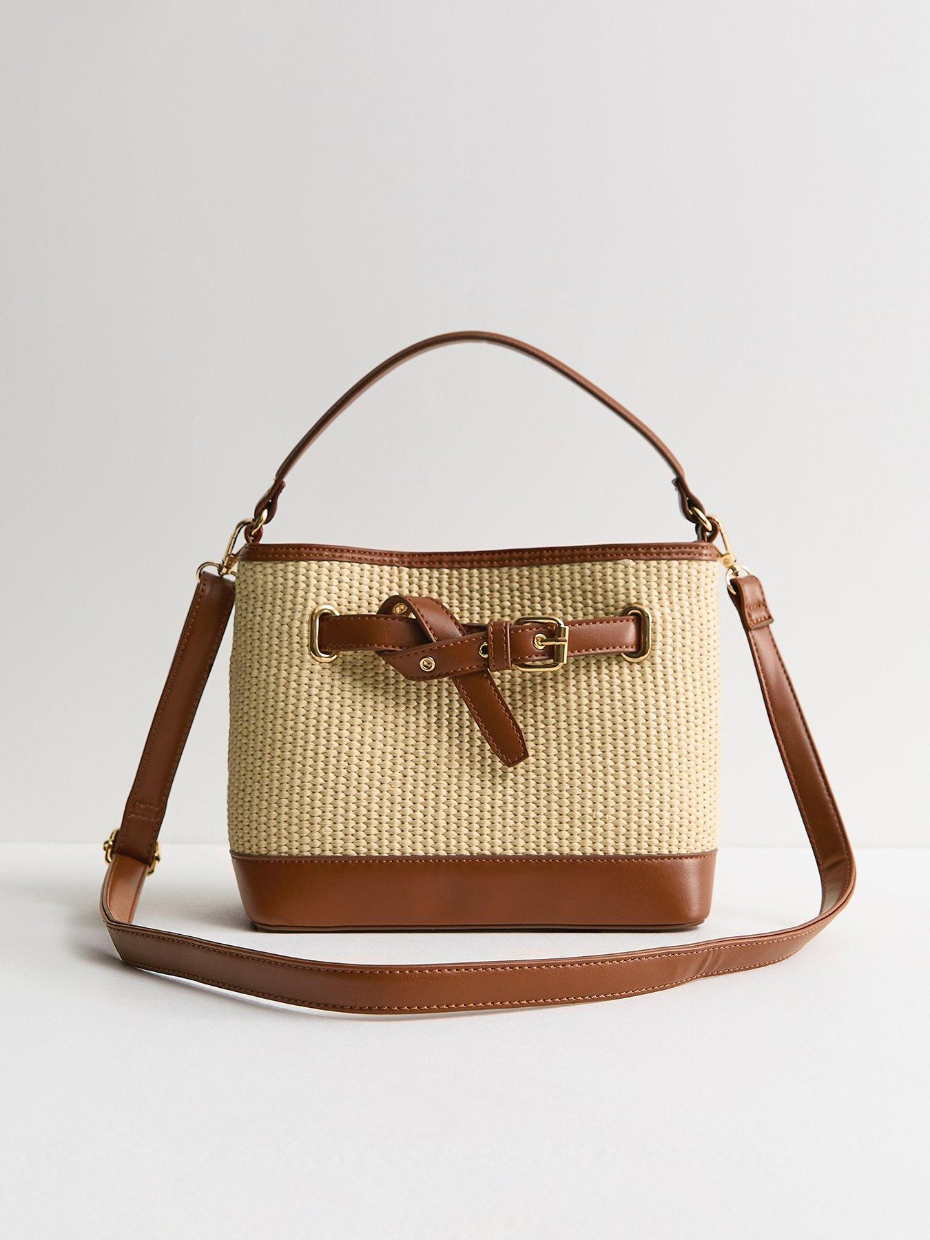 New Look Belted Woven Bucket Bag - Stone