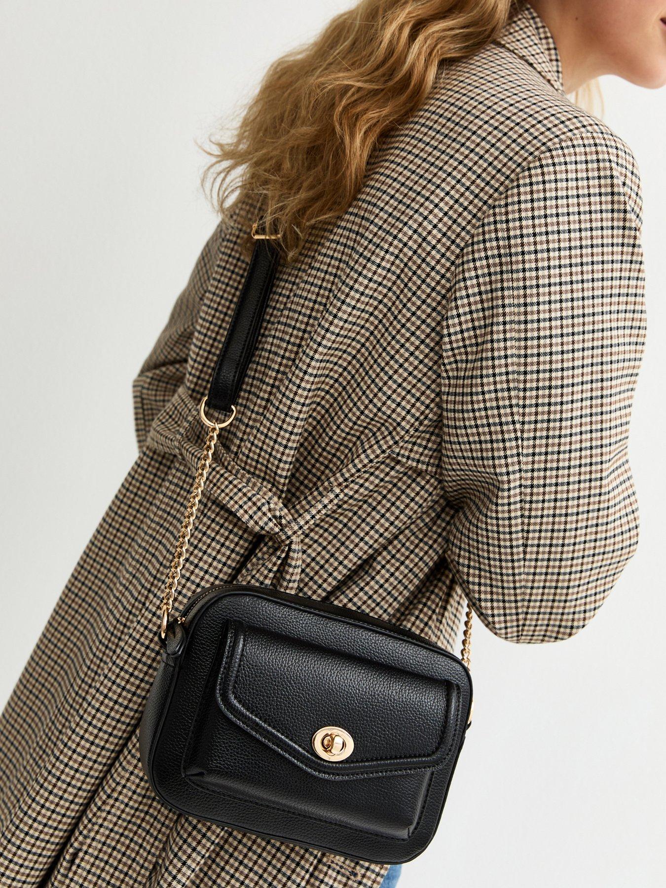 New Look Grained Faux Leather Turn Lock Crossbody Bag - Black