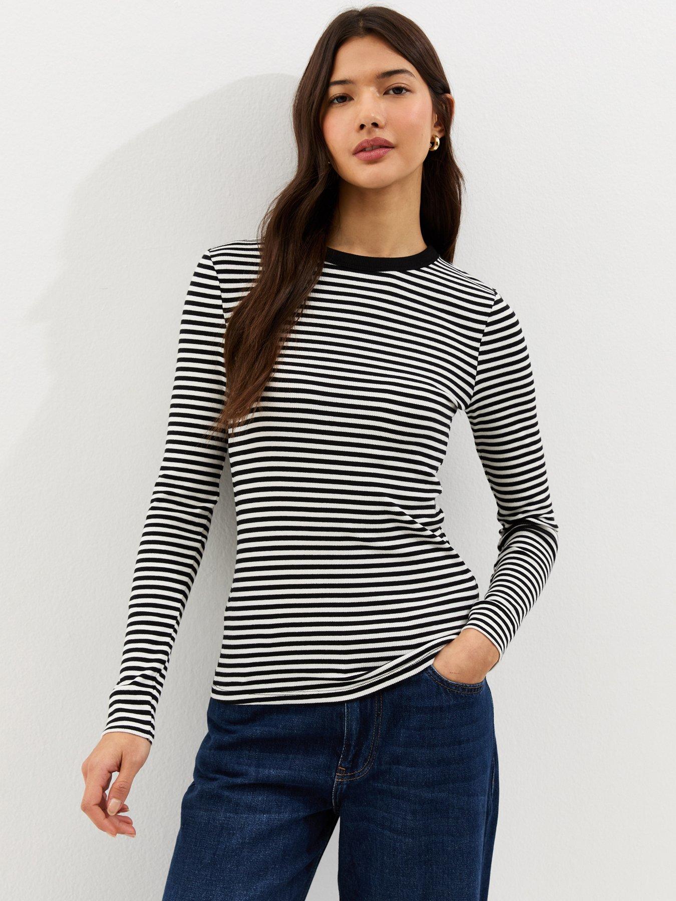 New Look White Striped Long Sleeve Ribbed Crew Neck Top