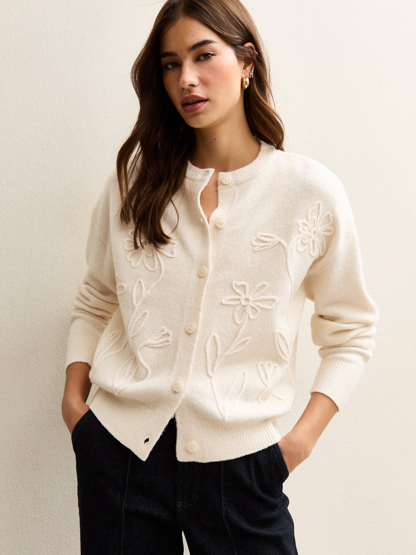 Image 1 of 5 of New Look 3D Floral Knitted Cardigan - Cream