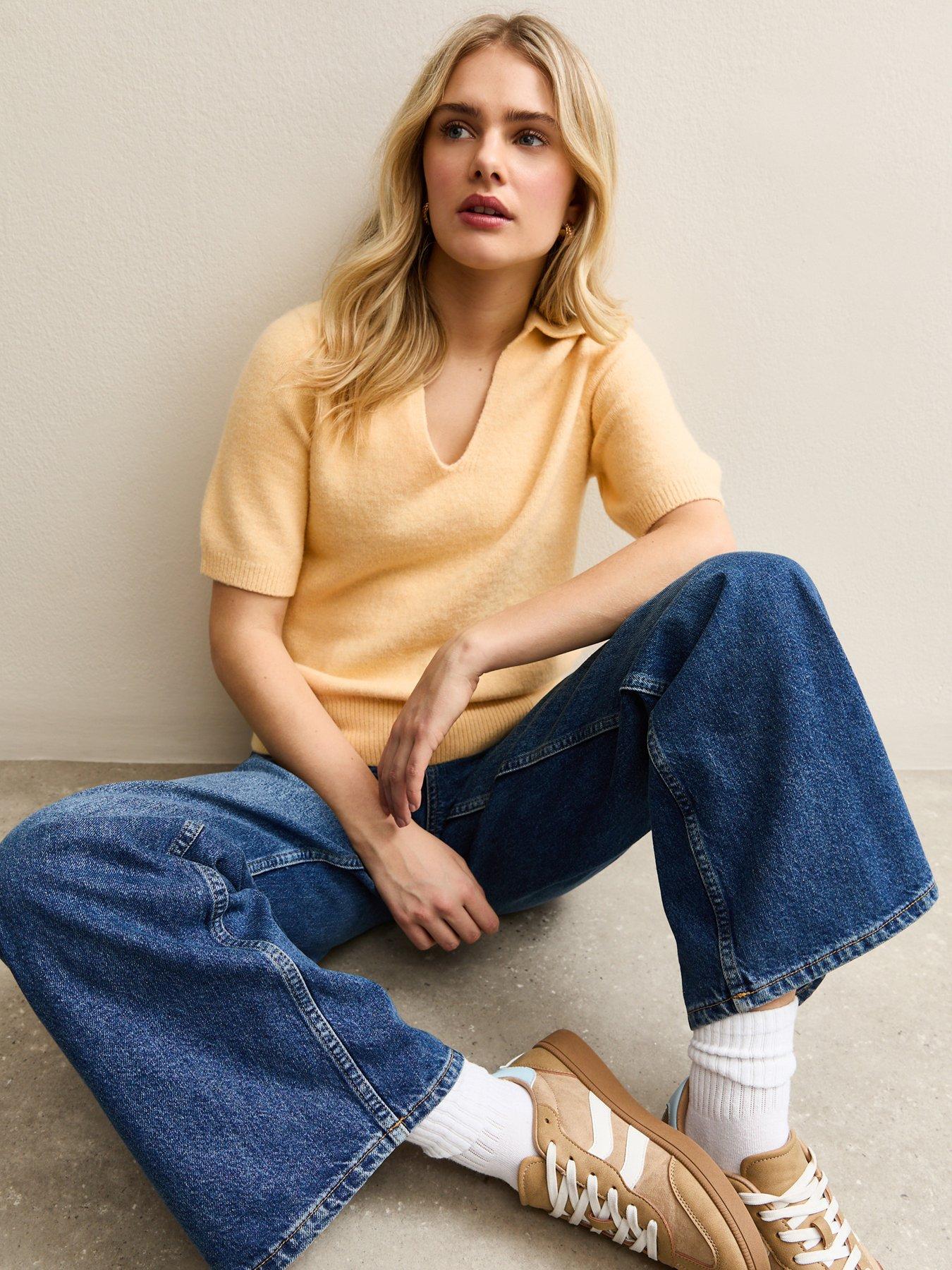 New Look Open Collar Knit Top - Light Yellow