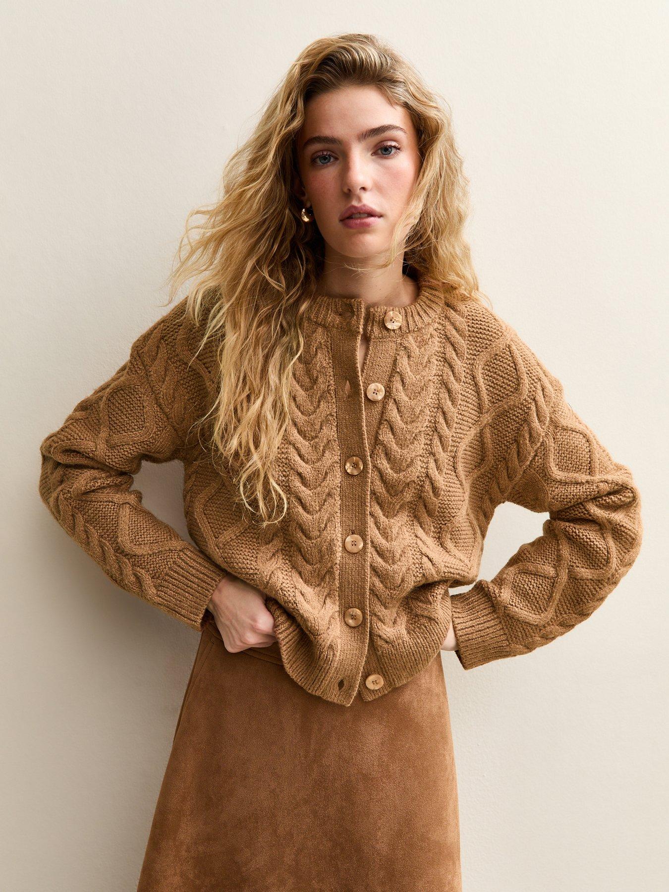Image 1 of 6 of New Look Cable Knit Cardigan - Camel Brown