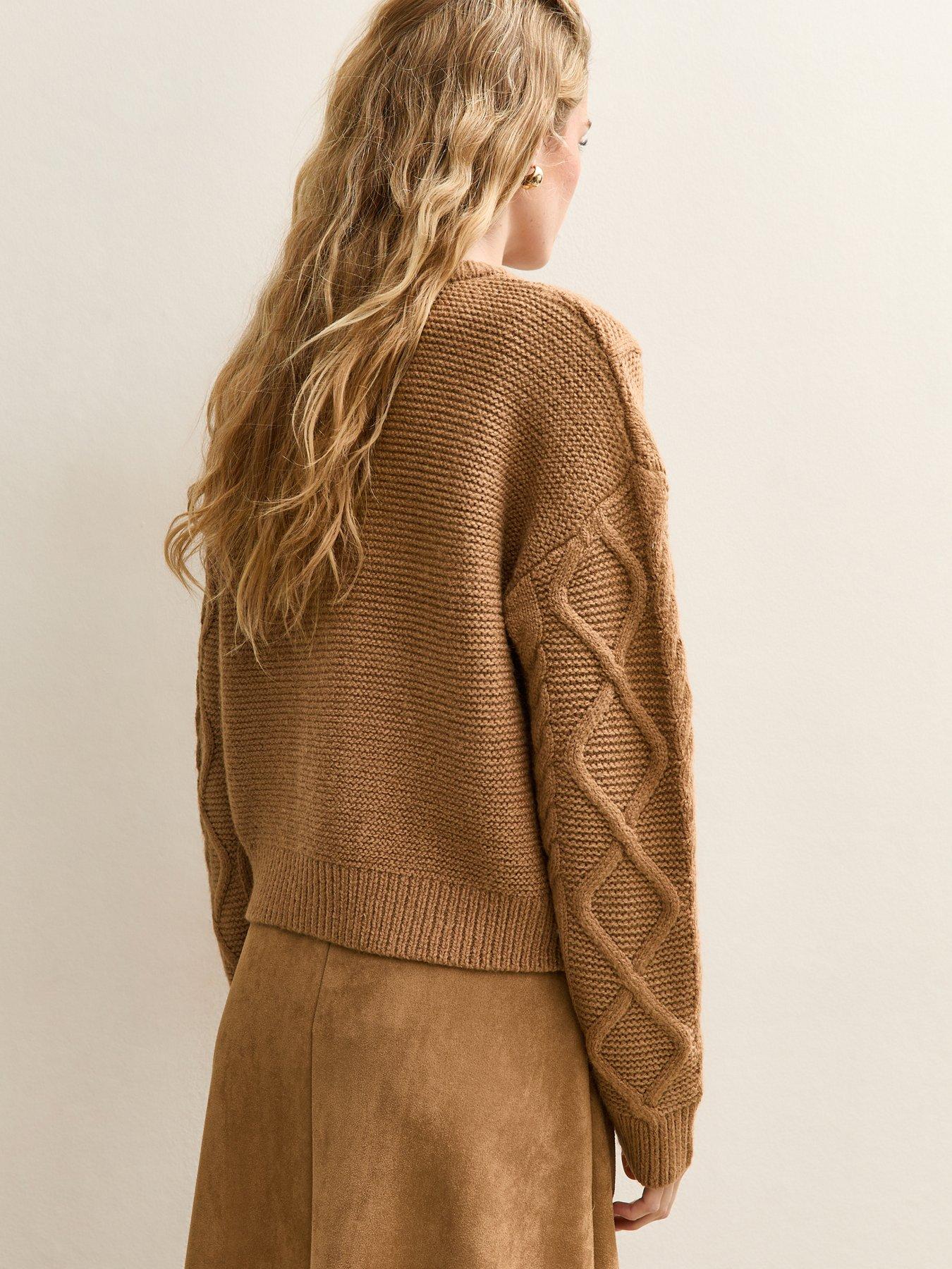 Image 2 of 6 of New Look Cable Knit Cardigan - Camel Brown