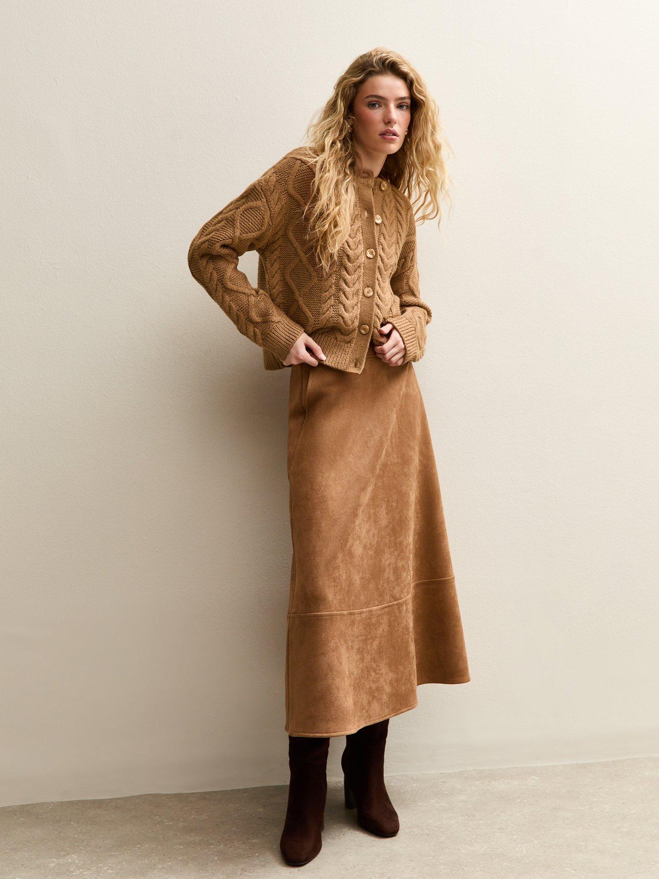 Image 3 of 6 of New Look Cable Knit Cardigan - Camel Brown