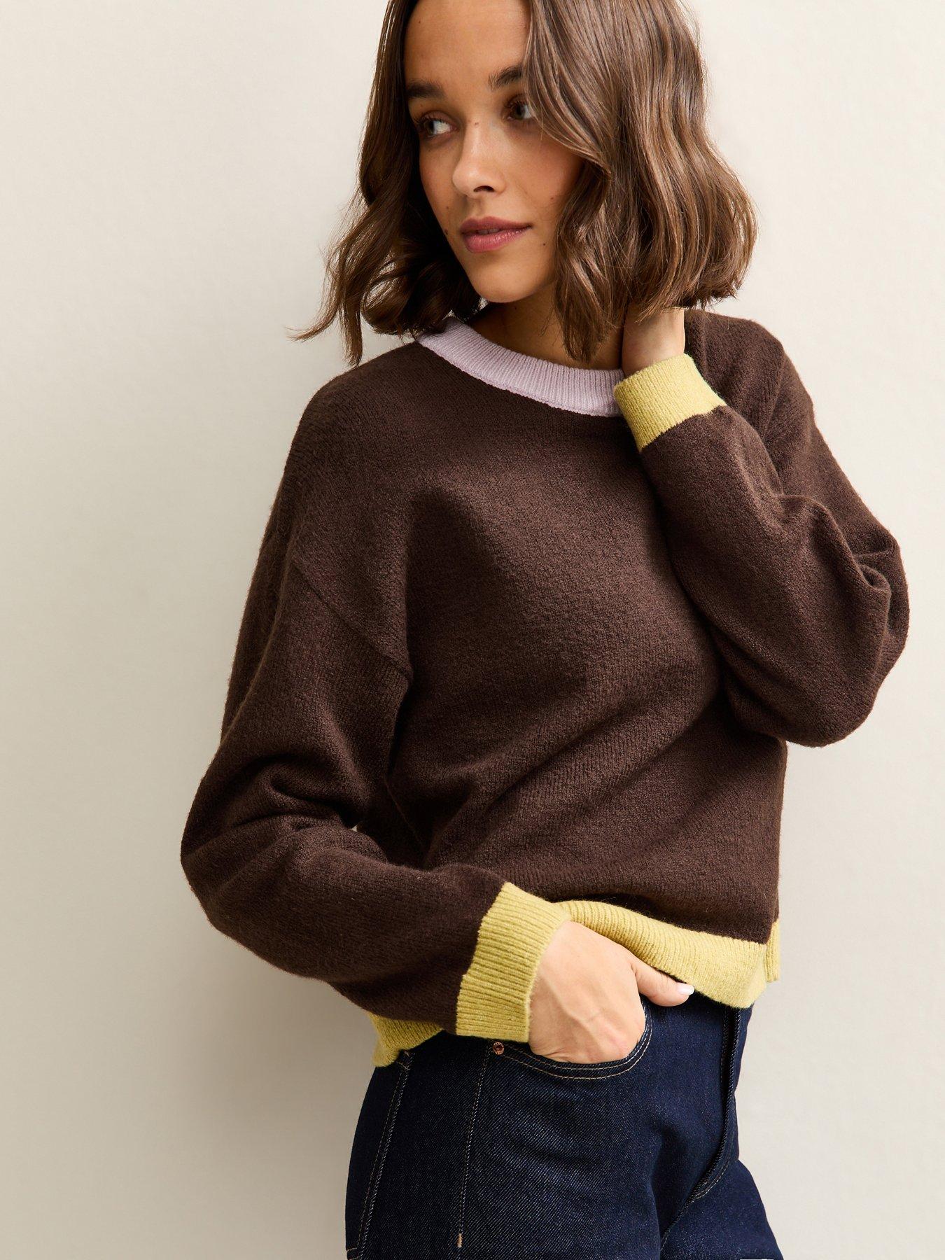 New Look Contrast Rib Crew Neck Jumper - Brown