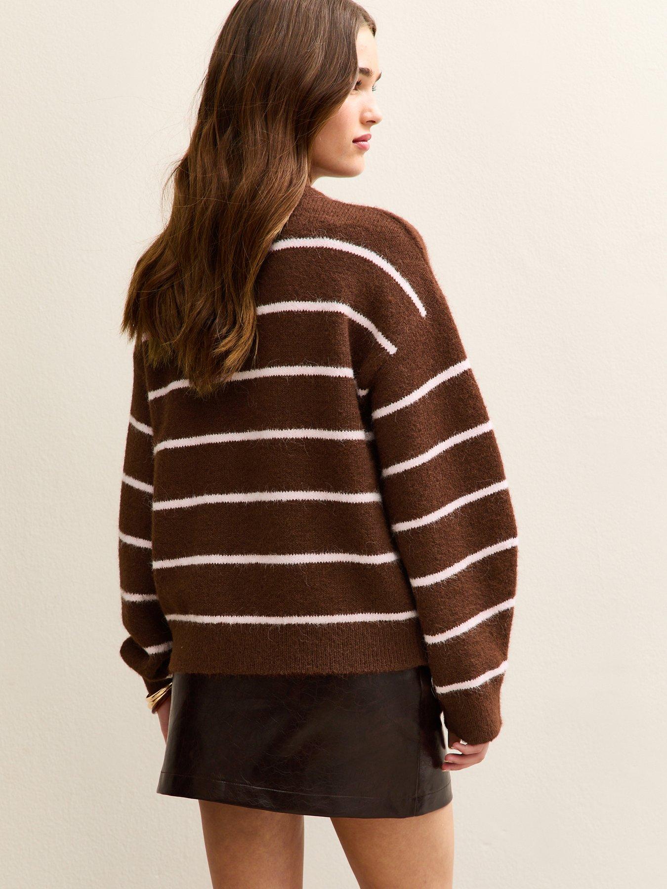 Image 2 of 5 of New Look Thin Stripe Midweight Knit Jumper - Brown