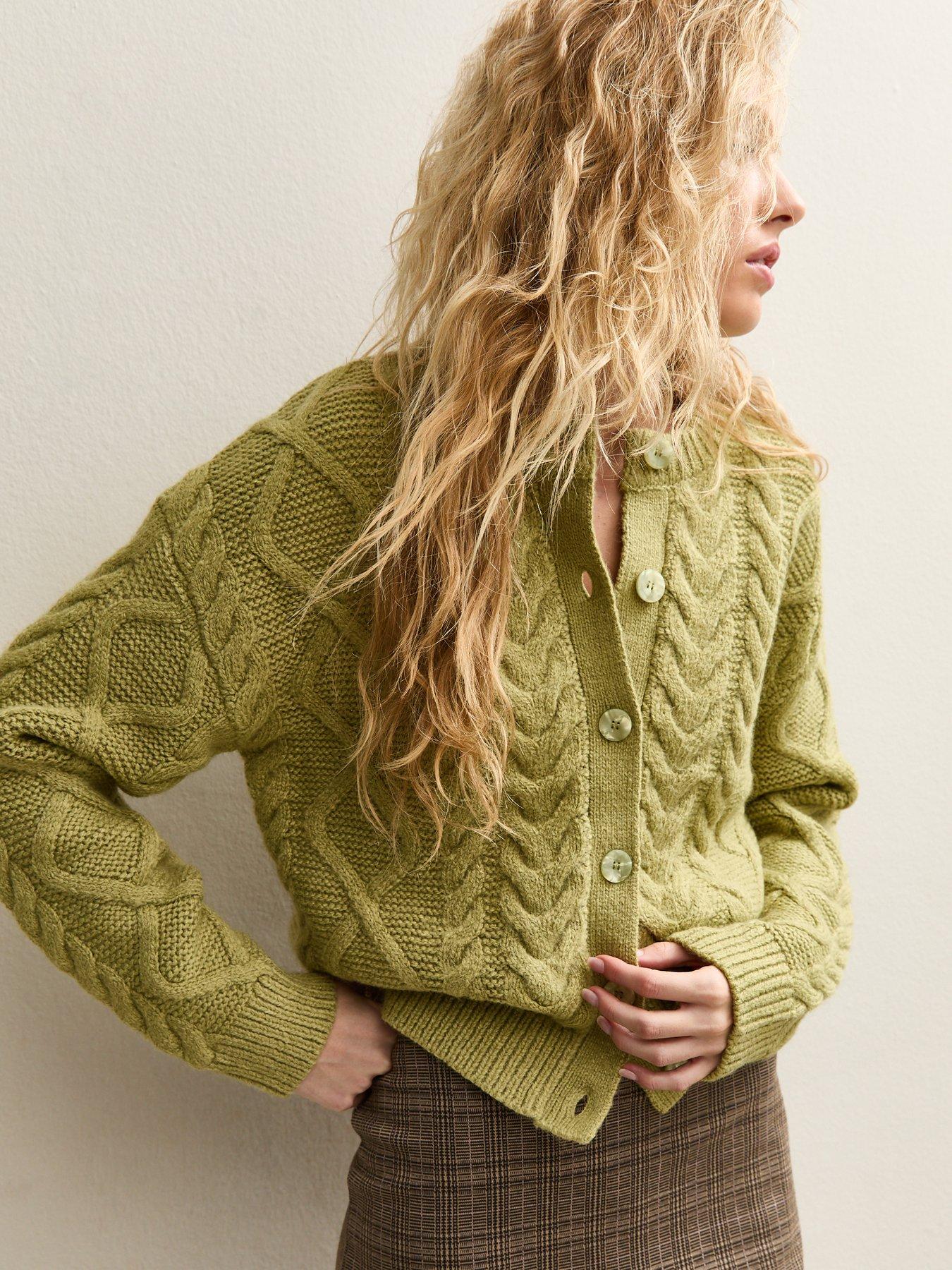 Image 1 of 6 of New Look Cable Knit Cardigan - Green