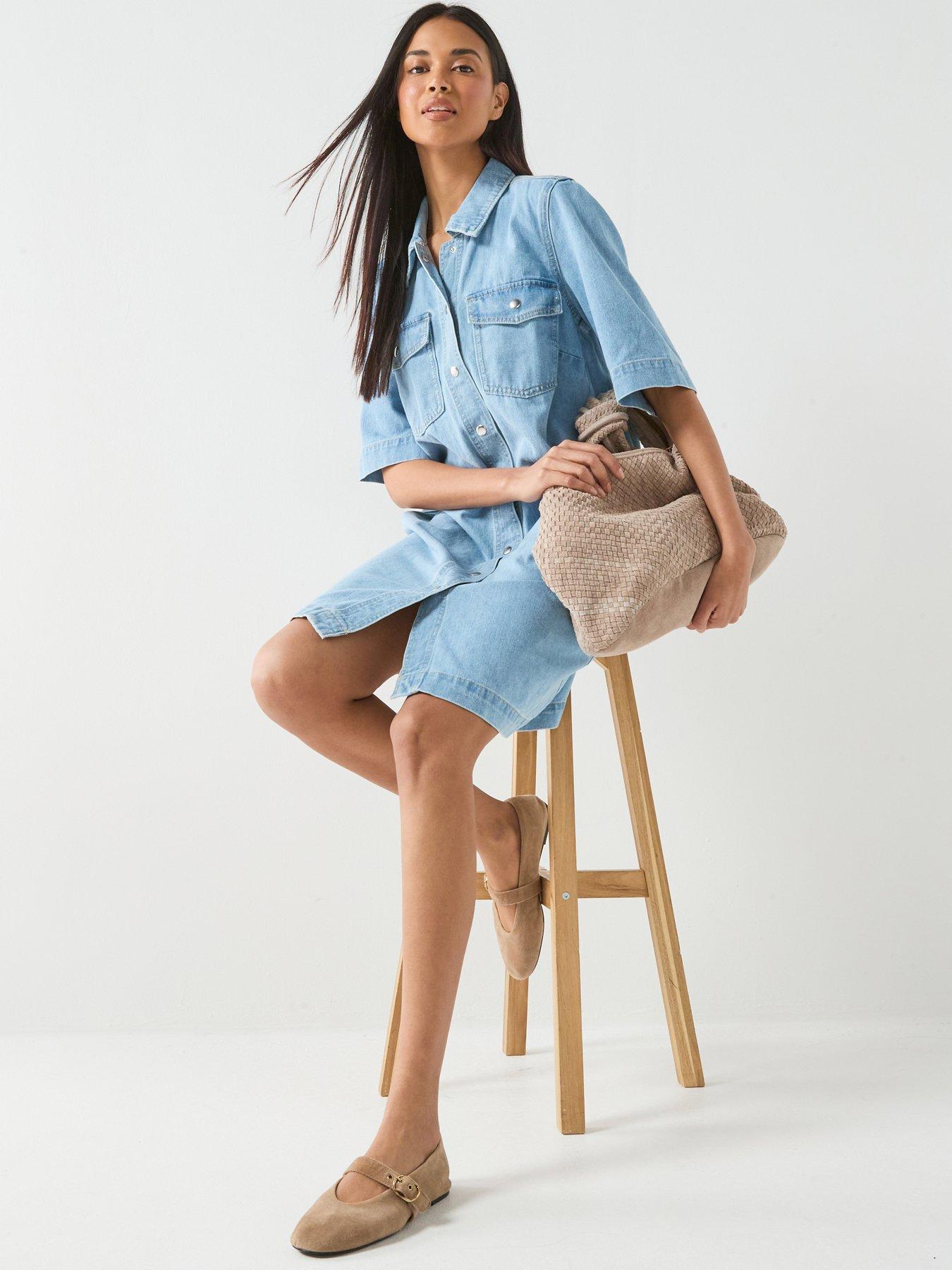 Only Belle Short Sleeve Button Front Denim Dress, Blue, Size Xs, Women