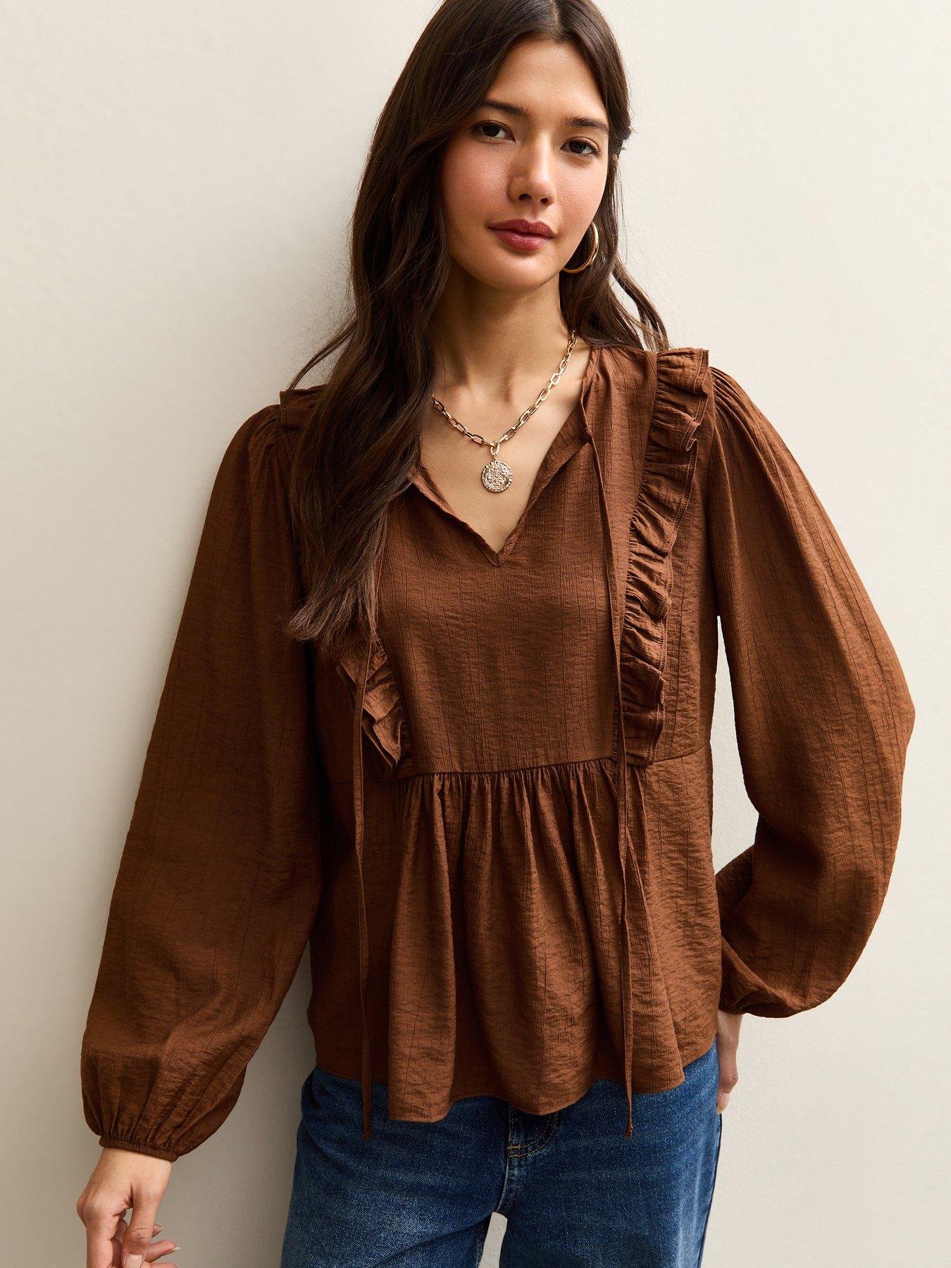 New Look Mid Ruffle Tie Long Sleeve Blouse - Brown