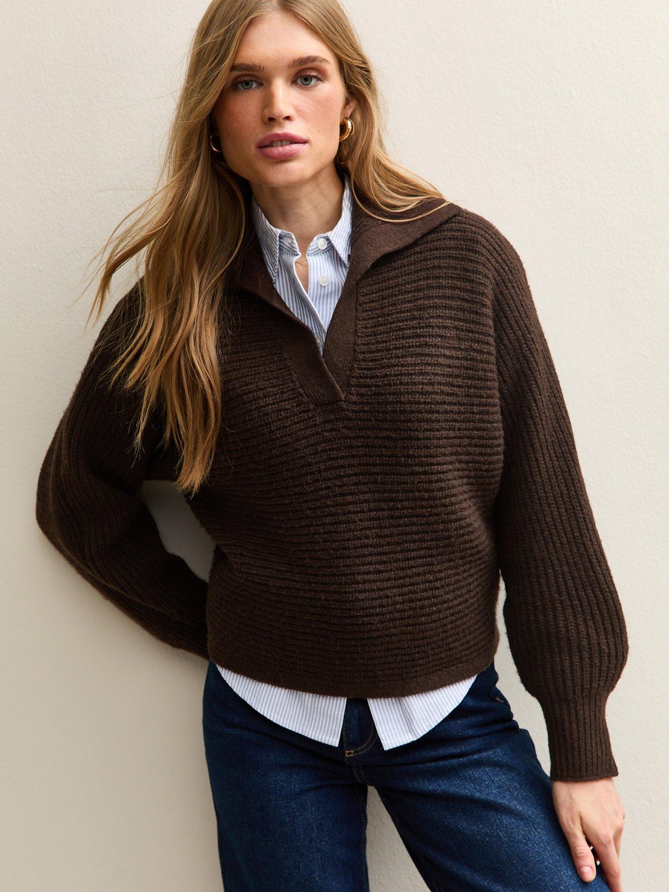 Image 1 of 5 of New Look Stitchy Polo Batwing Jumper - Dark Brown