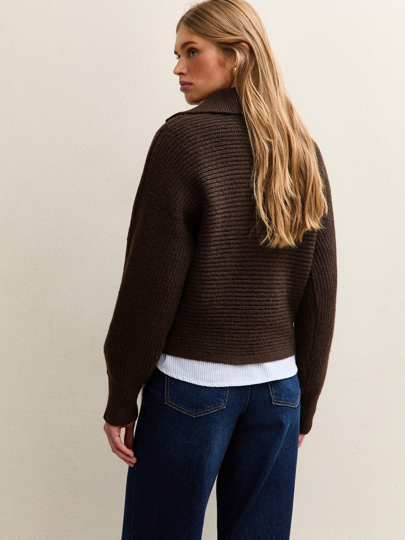 Image 2 of 5 of New Look Stitchy Polo Batwing Jumper - Dark Brown