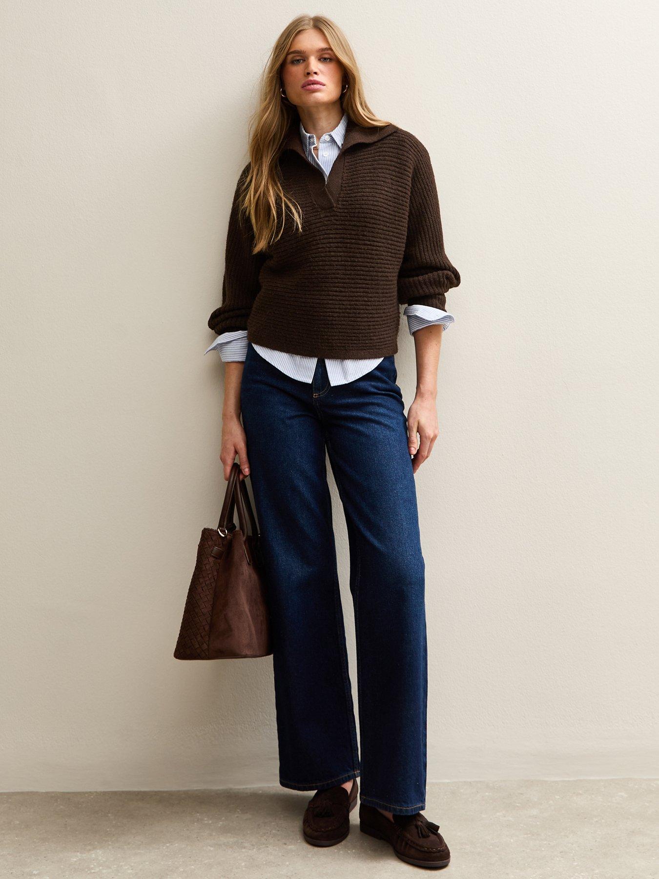 Image 3 of 5 of New Look Stitchy Polo Batwing Jumper - Dark Brown