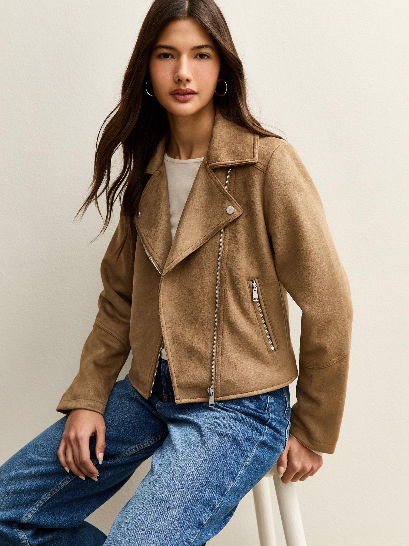 New Look Faux Suede Biker Jacket - Tan