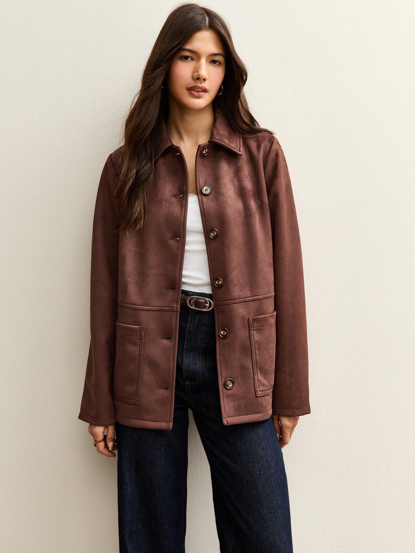 New Look Faux Suede Button Front Jacket - Dark Brown