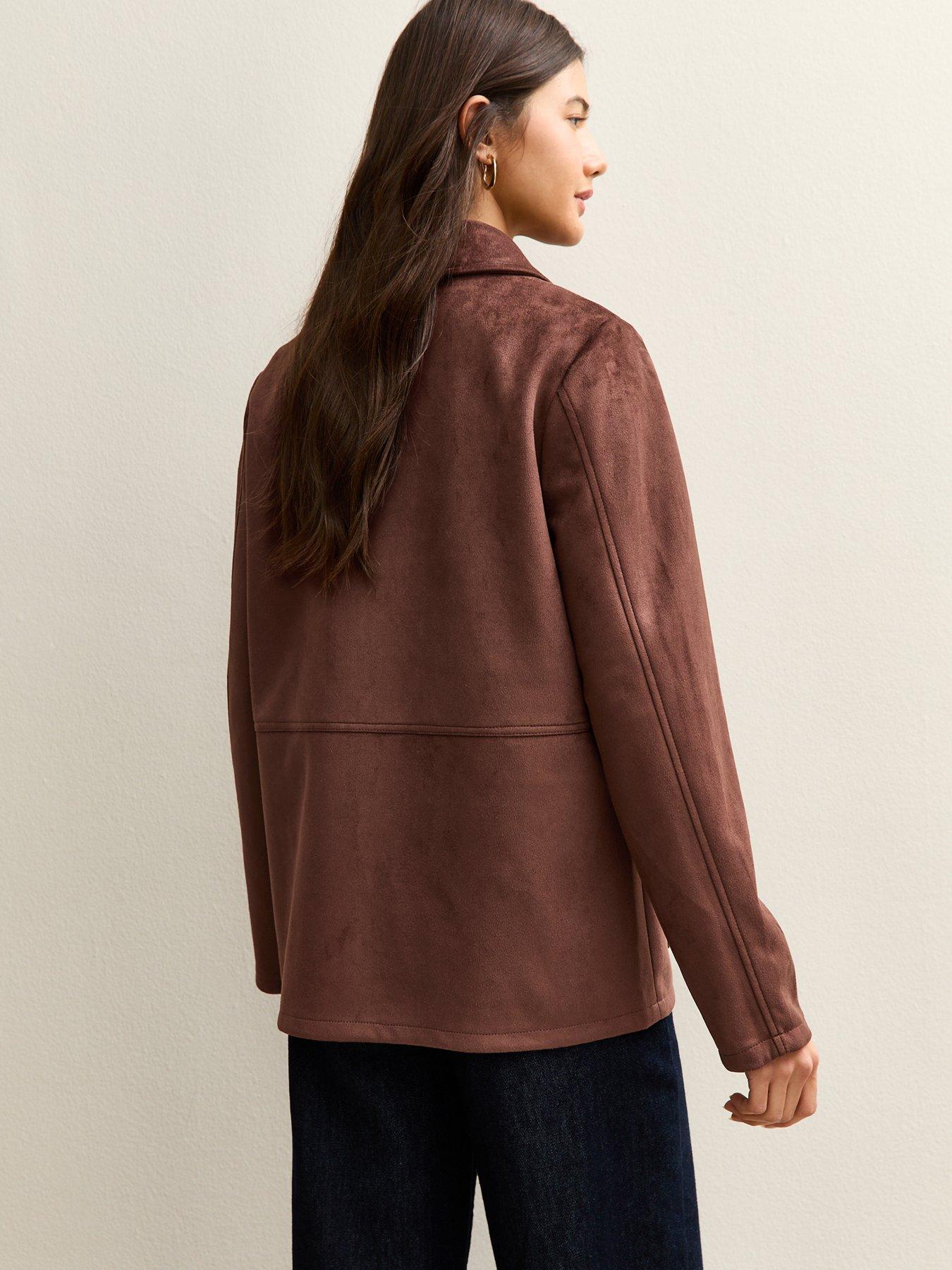 Image 2 of 7 of New Look Faux Suede Button Front Jacket - Dark Brown