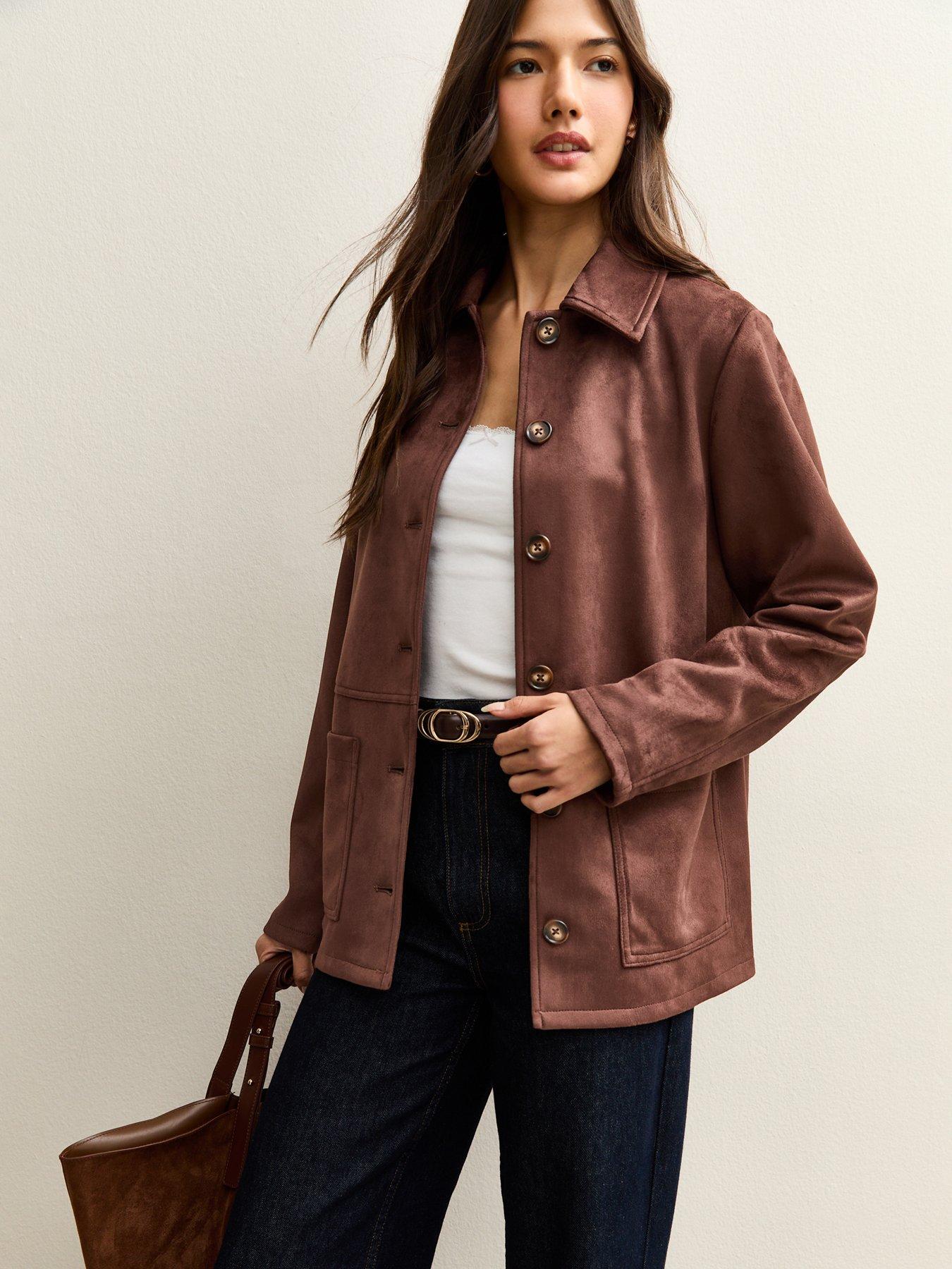 Image 4 of 7 of New Look Faux Suede Button Front Jacket - Dark Brown