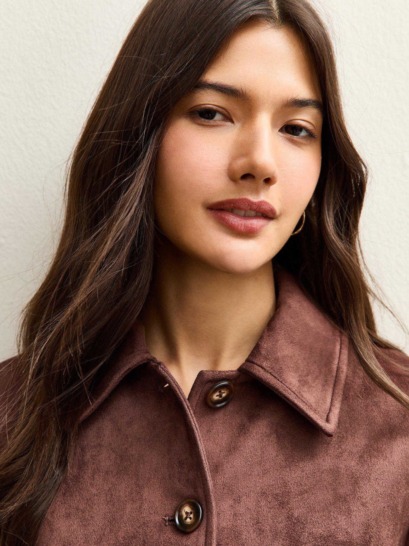 Image 5 of 7 of New Look Faux Suede Button Front Jacket - Dark Brown