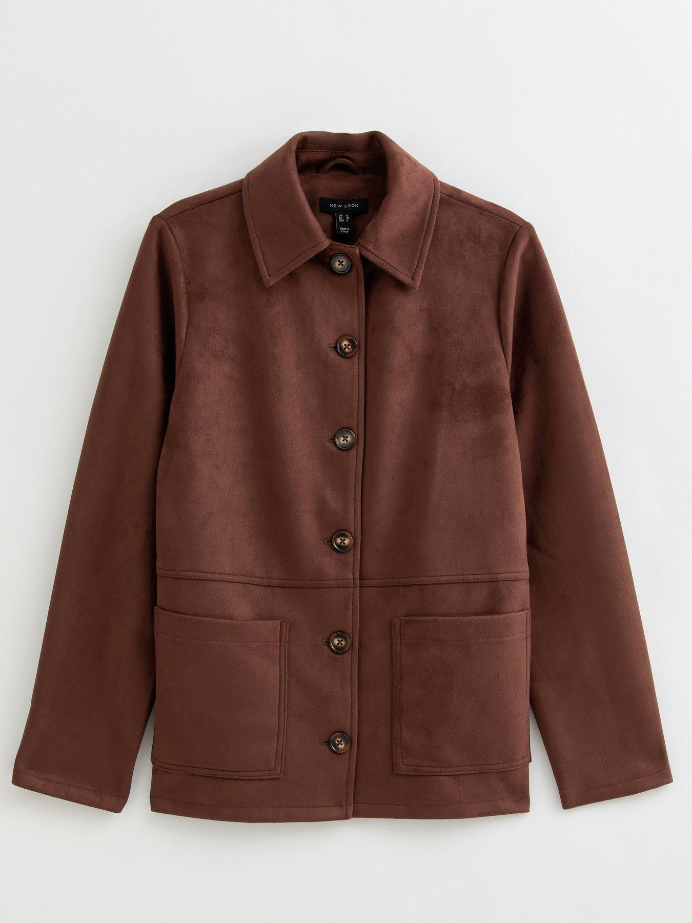 Image 6 of 7 of New Look Faux Suede Button Front Jacket - Dark Brown