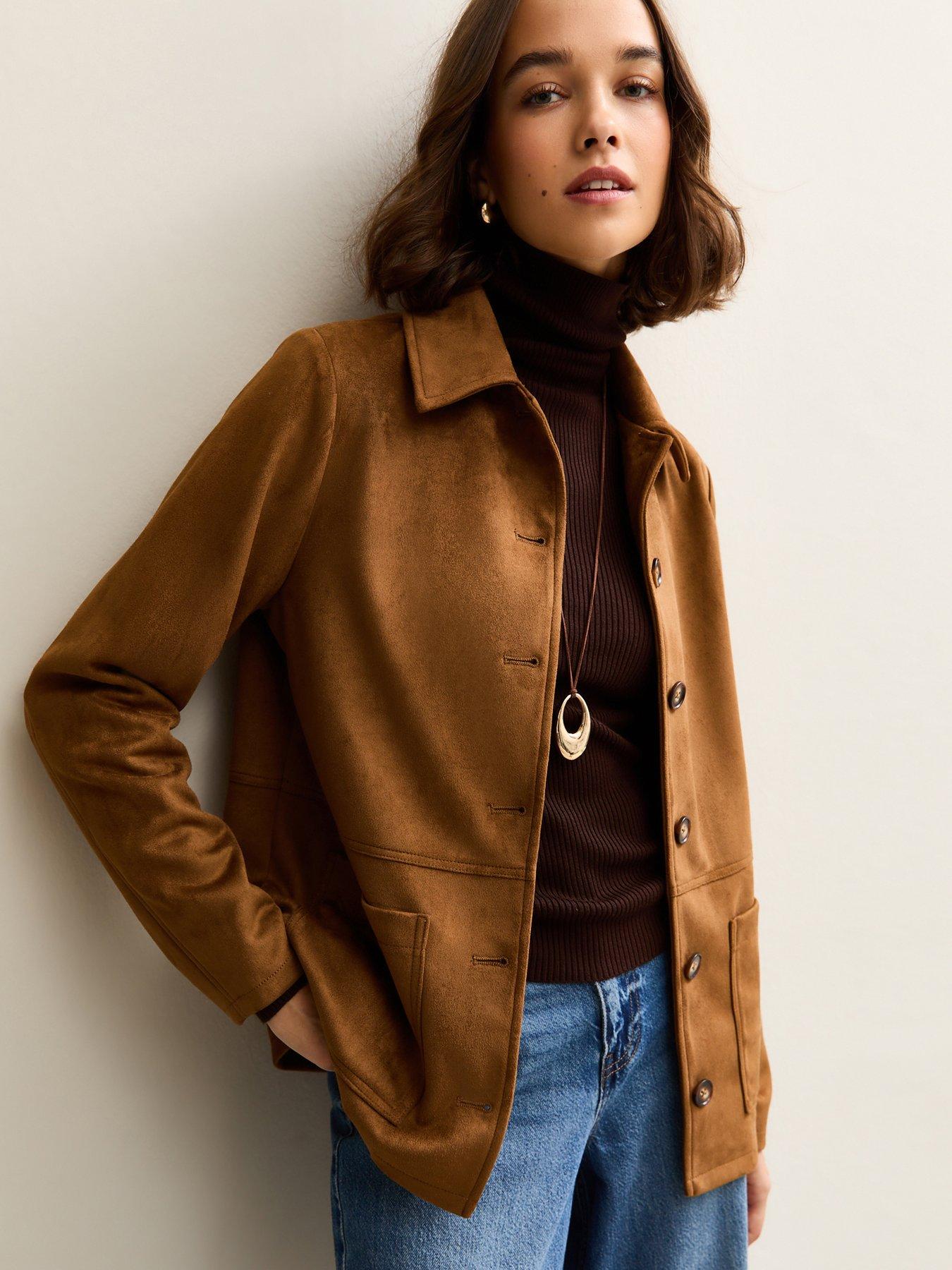 New Look Faux Suede Button Front Jacket - Tan