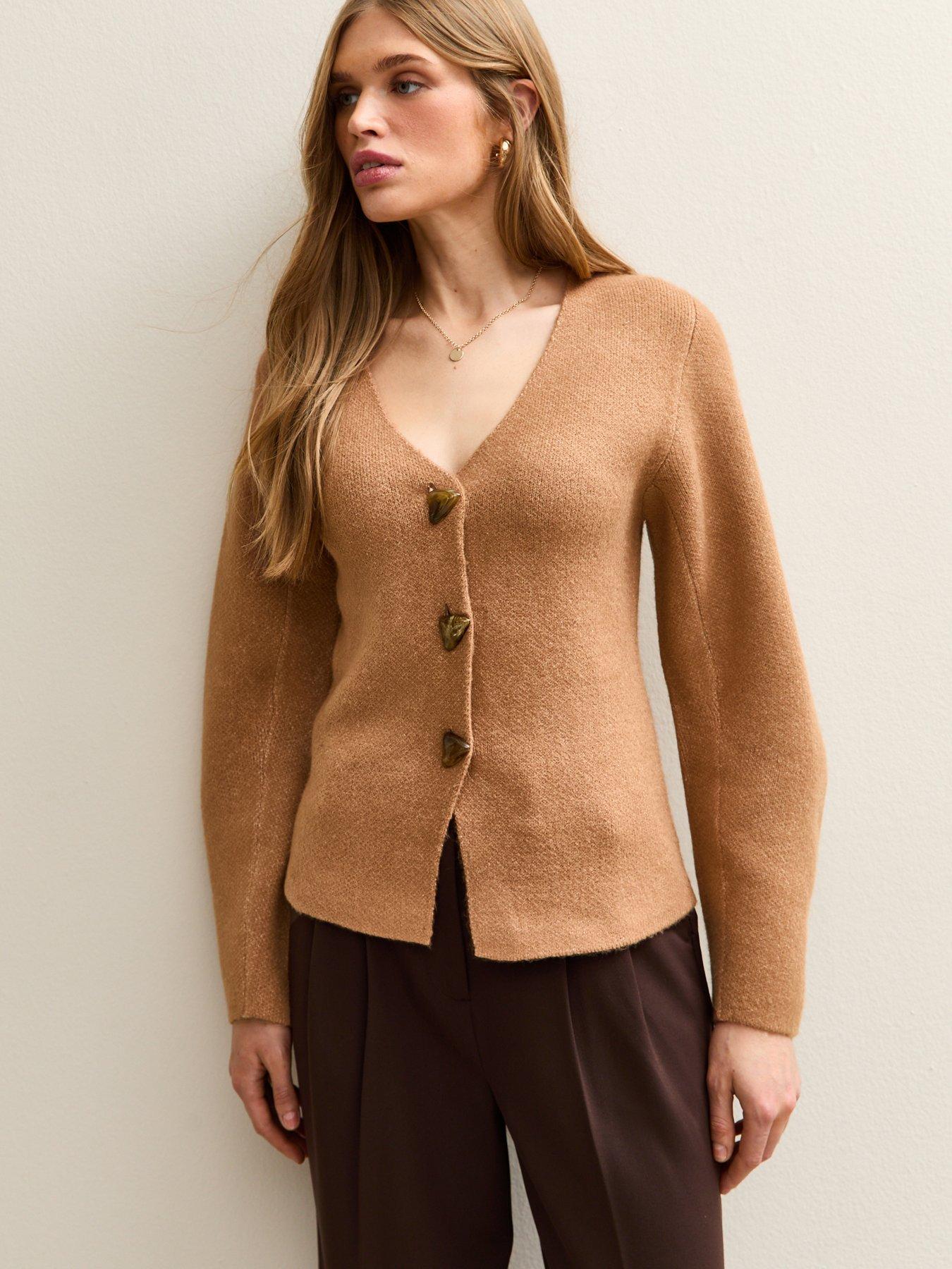 New Look: V- Neck Heavyweight Knit Cardigan - Camel Brown