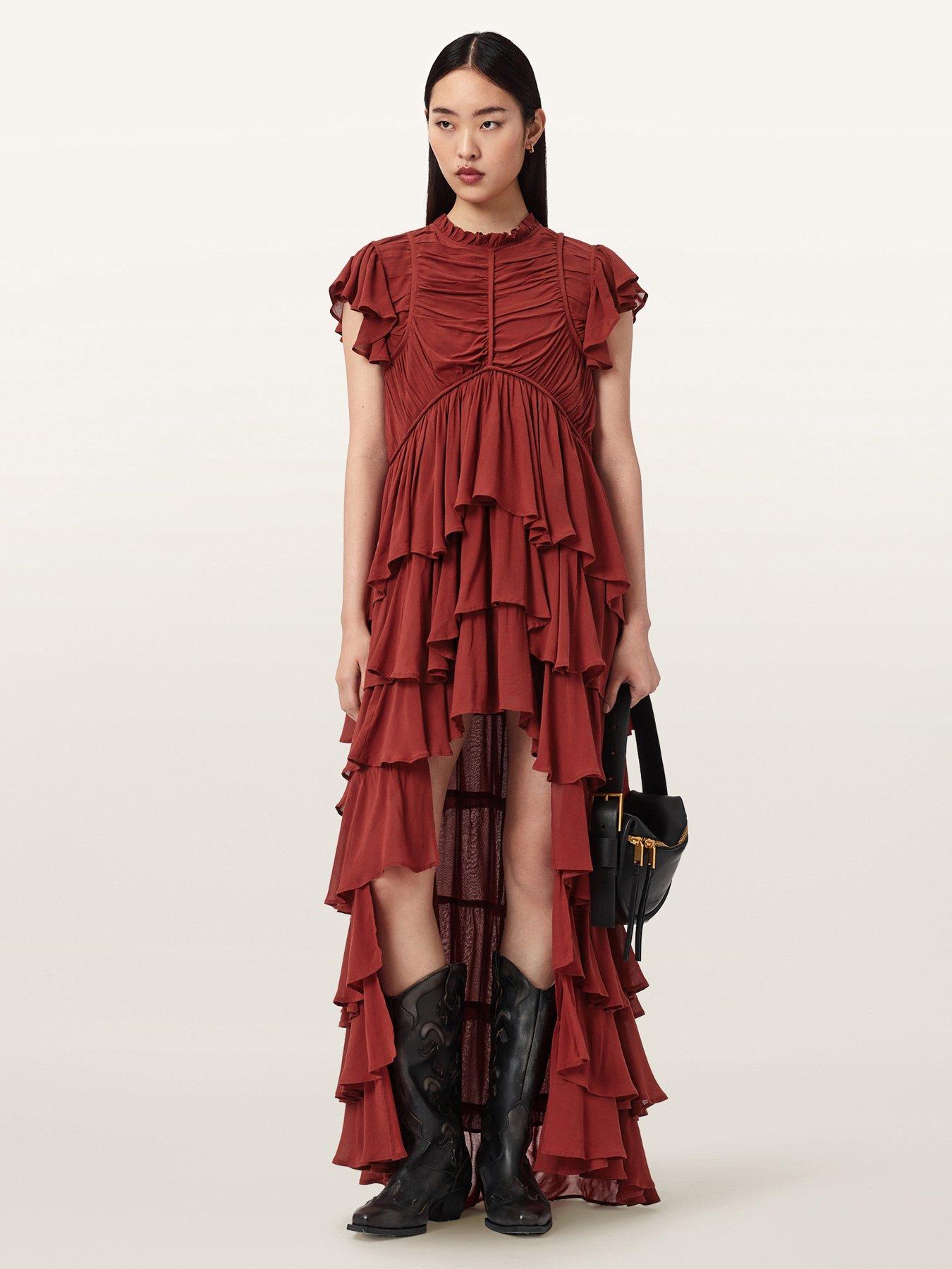 AllSaints Shaela Frilled Maxi Dress, Orange, Size 14, Women
