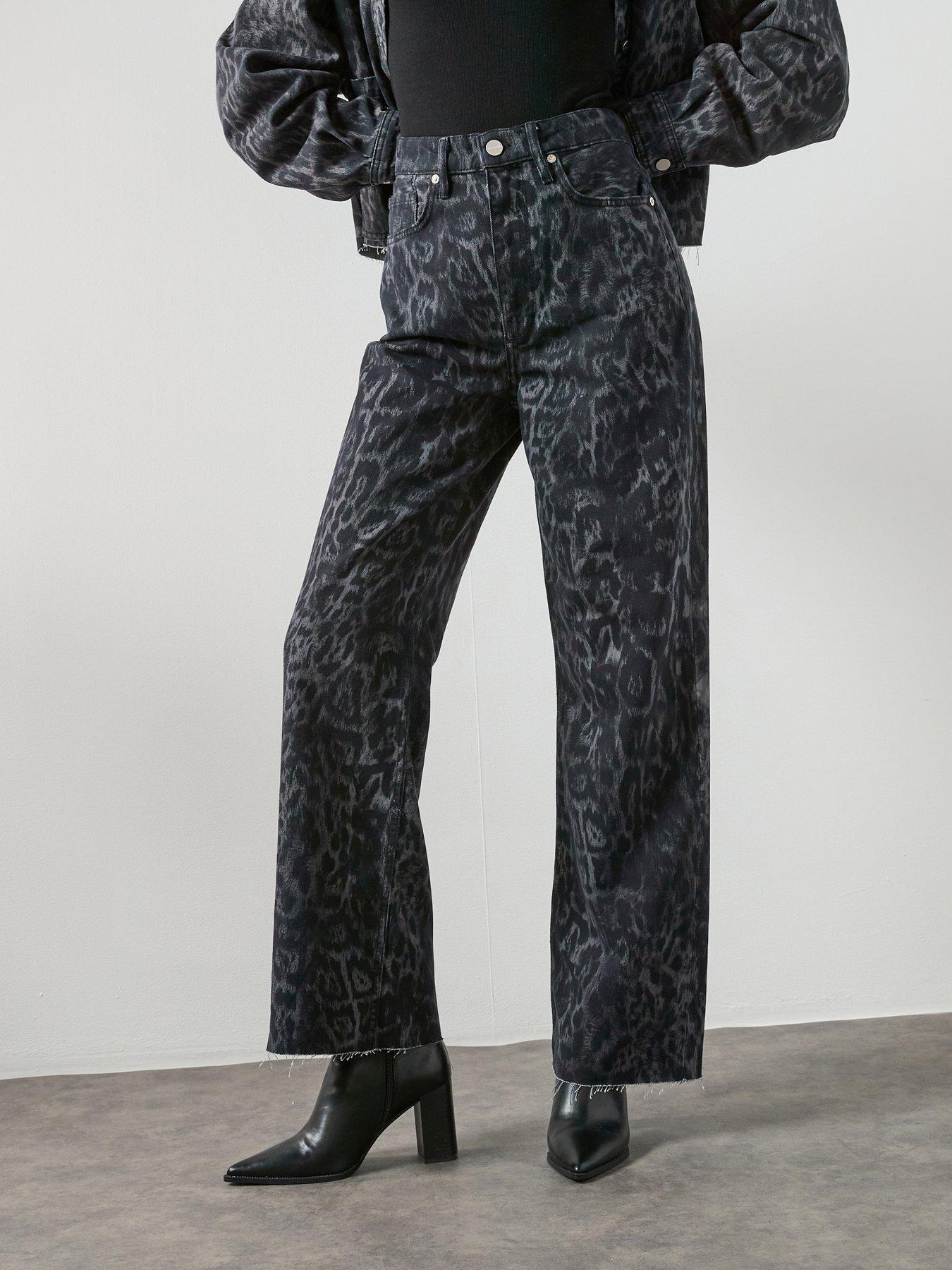 Image 1 of 6 of AllSaints Blake Wide Leg Leopard Print Jeans - Black