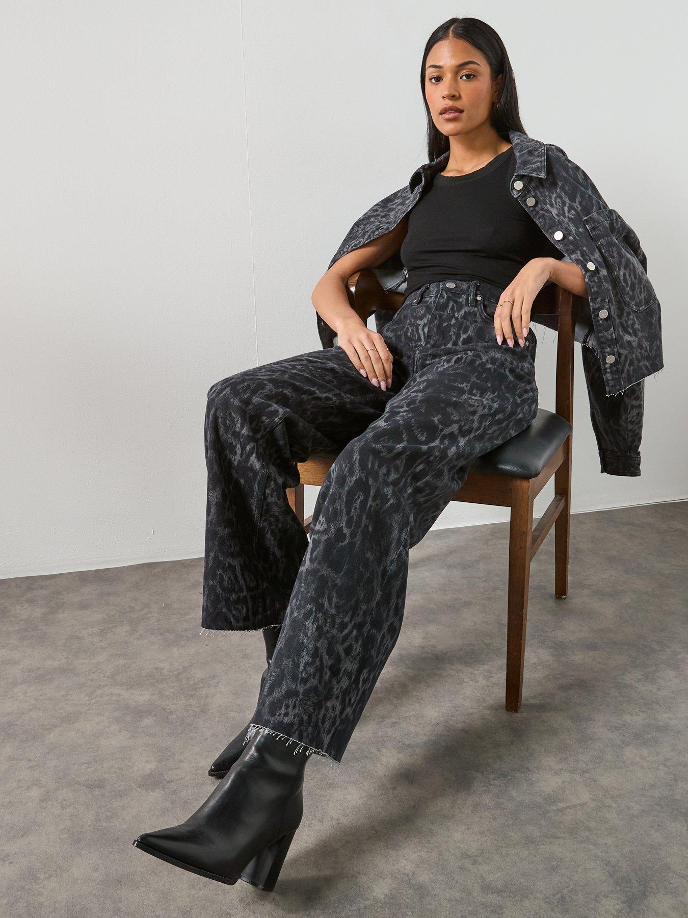 Image 3 of 6 of AllSaints Blake Wide Leg Leopard Print Jeans - Black