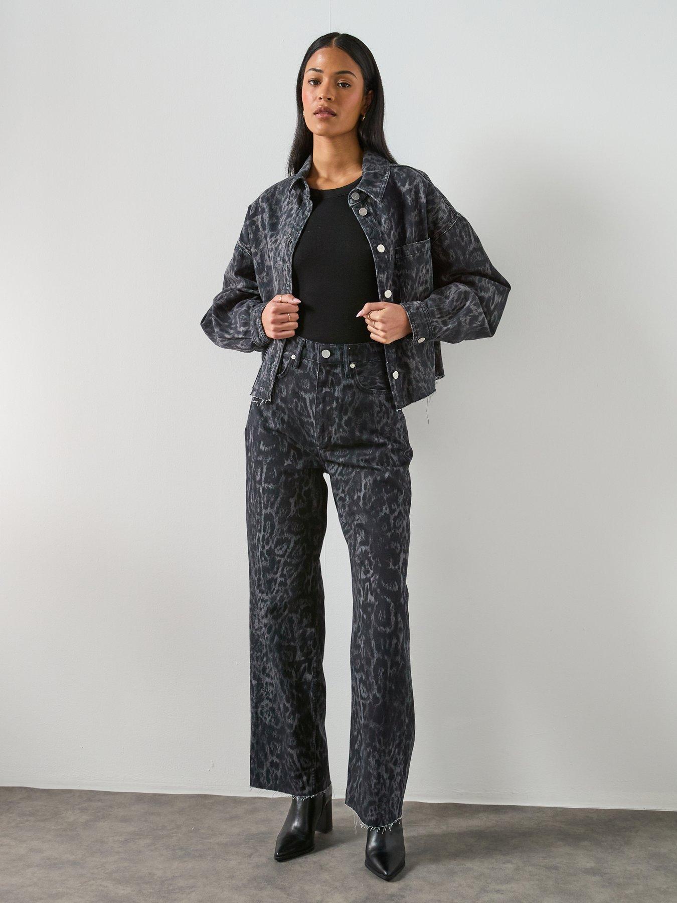 Image 6 of 6 of AllSaints Blake Wide Leg Leopard Print Jeans - Black