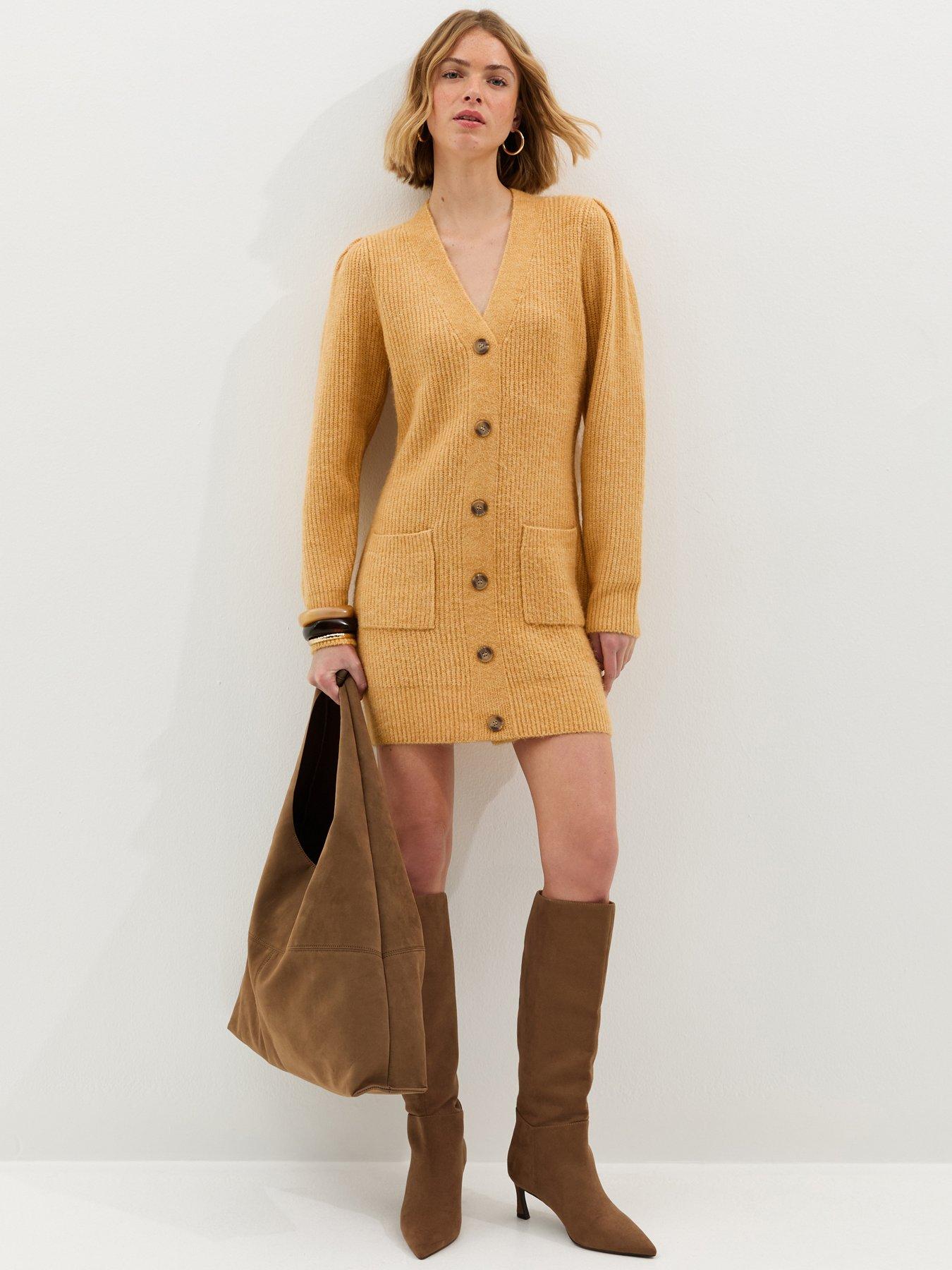 New Look: Stitchy Knit Button Front Mini Dress - Light Yellow