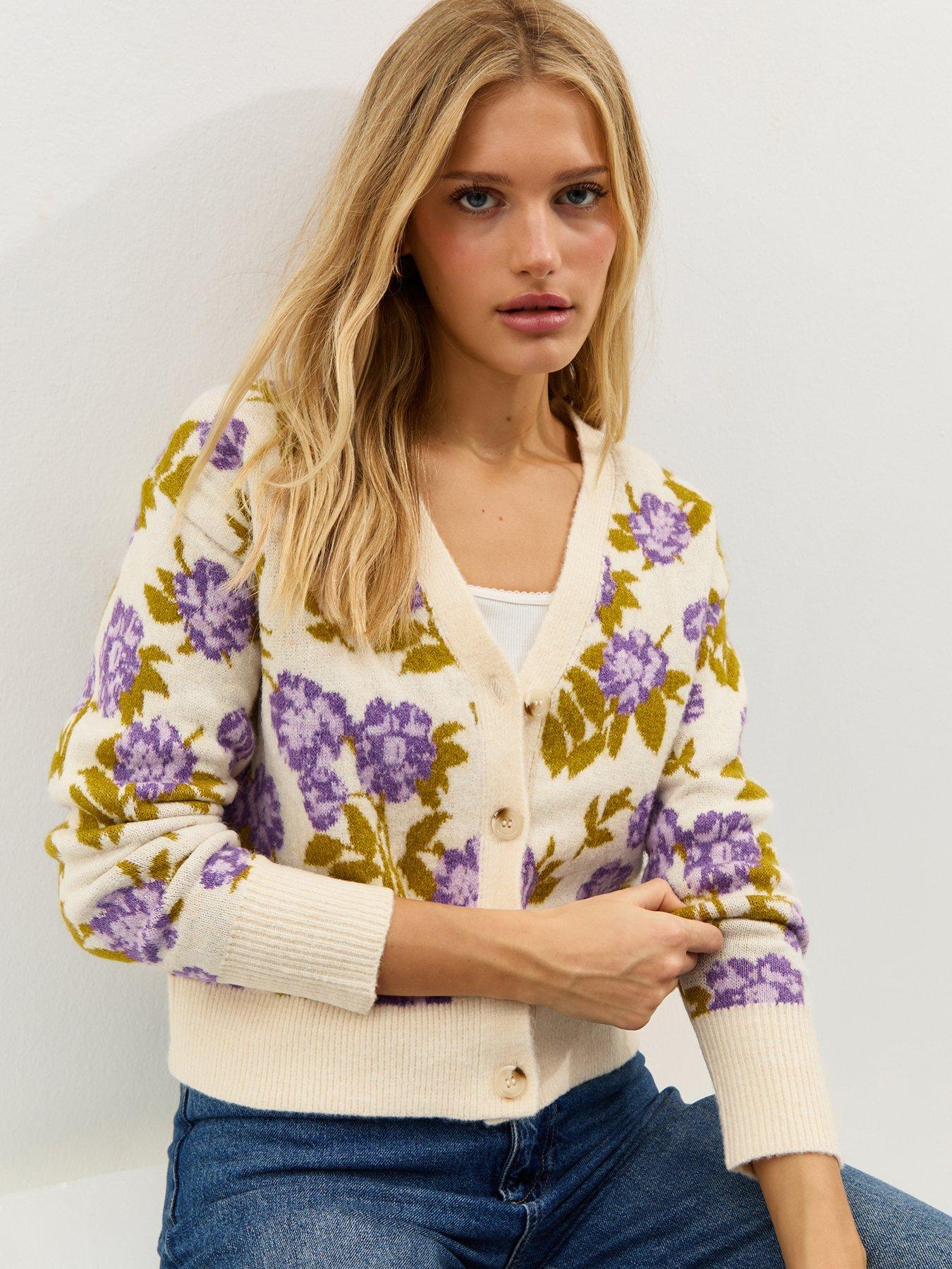 New Look Cream Floral Patterned V-neck Cardigan