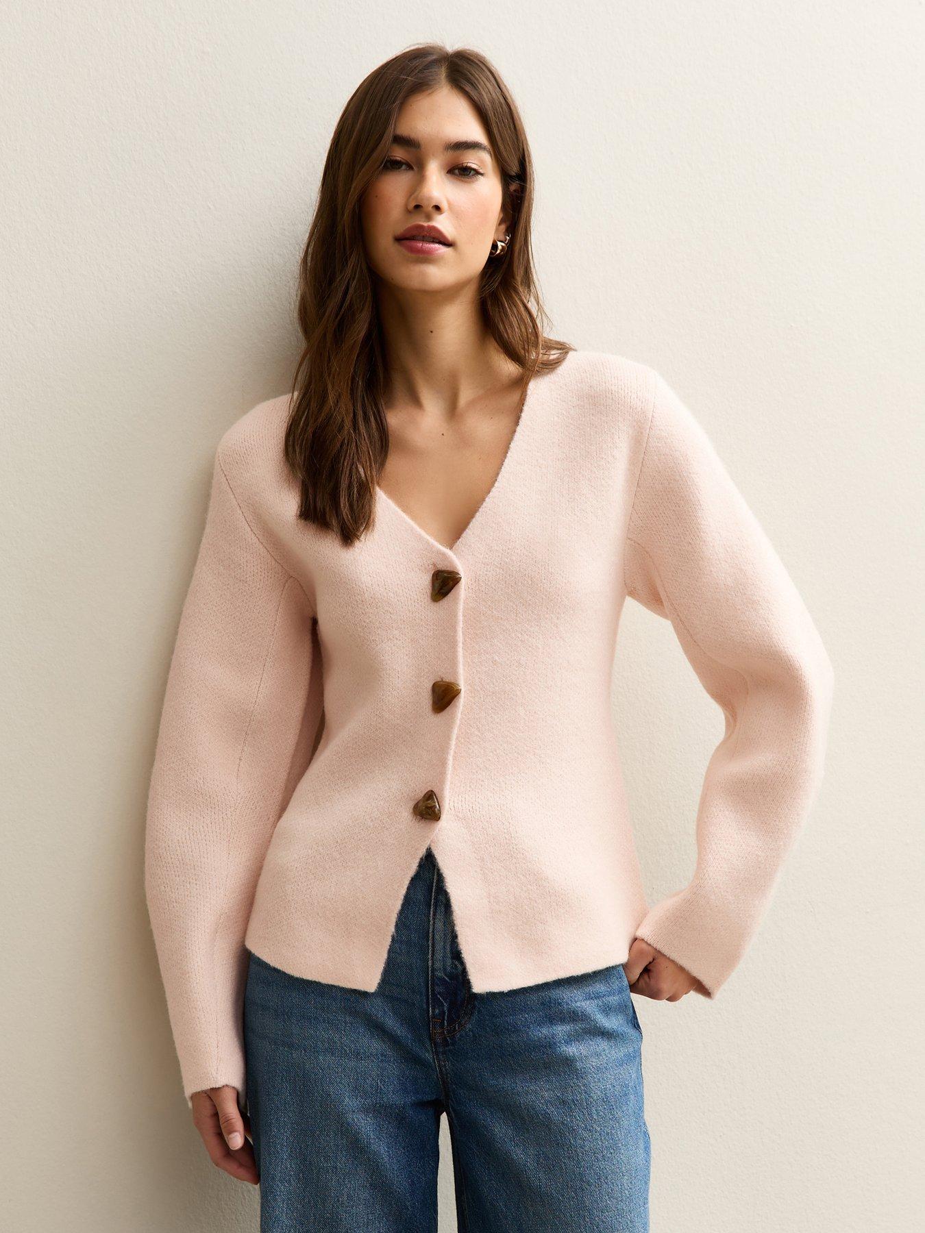 New Look: V- Neck Heavyweight Knit Cardigan - Light Pink