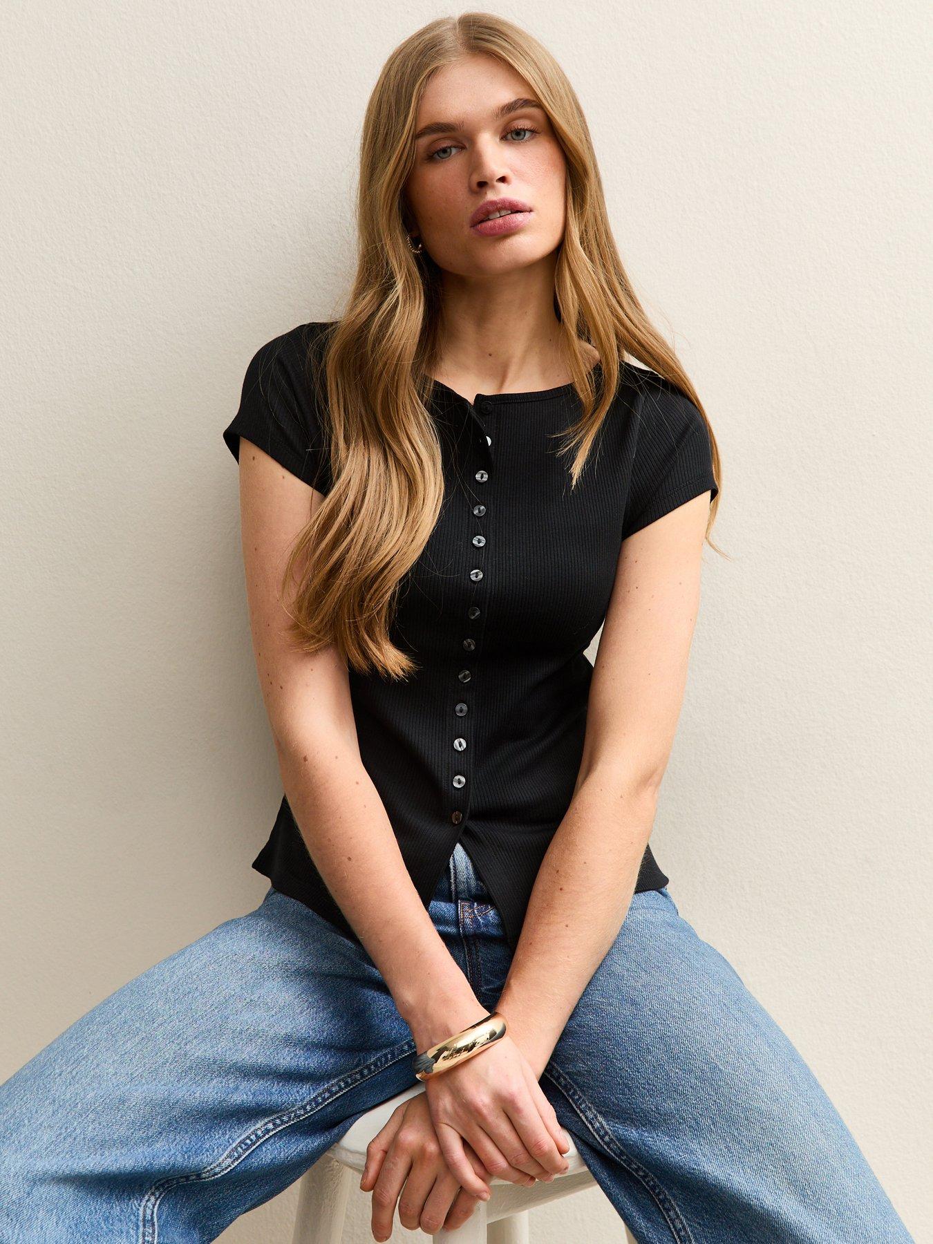 New Look Button Through Baby Tee - Black