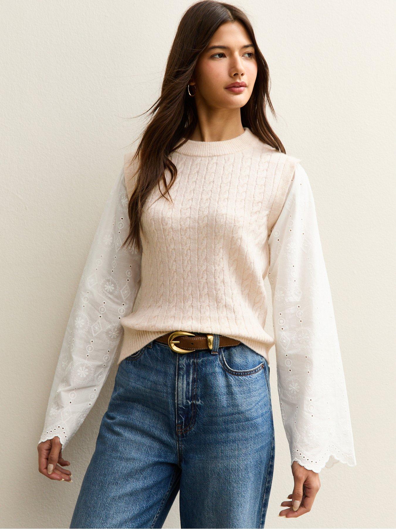 New Look Cable Knit Broderie Anglaise Jumper - Cream