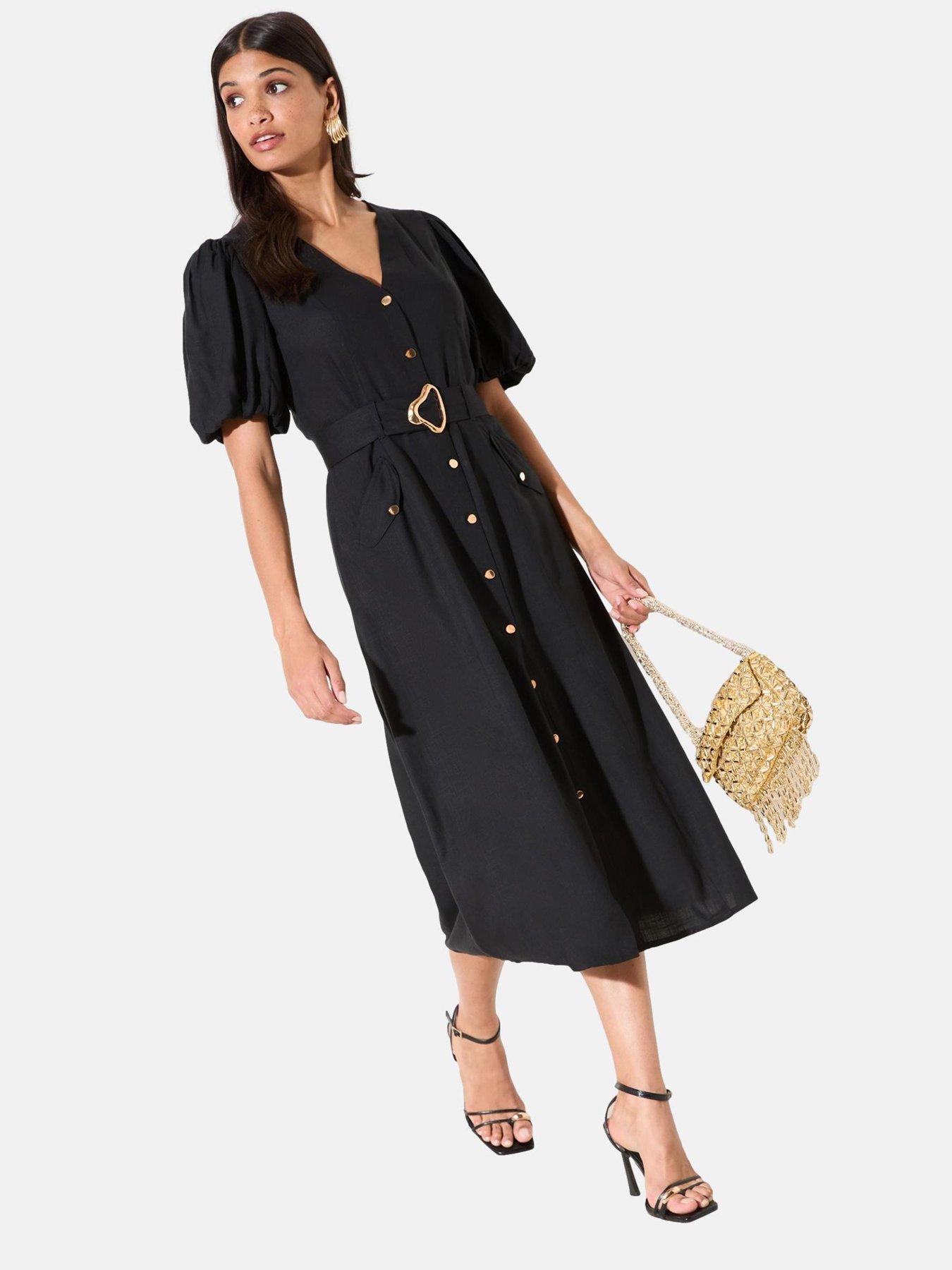 Friends Like These Black Linen Button Through Belted Midi - Black