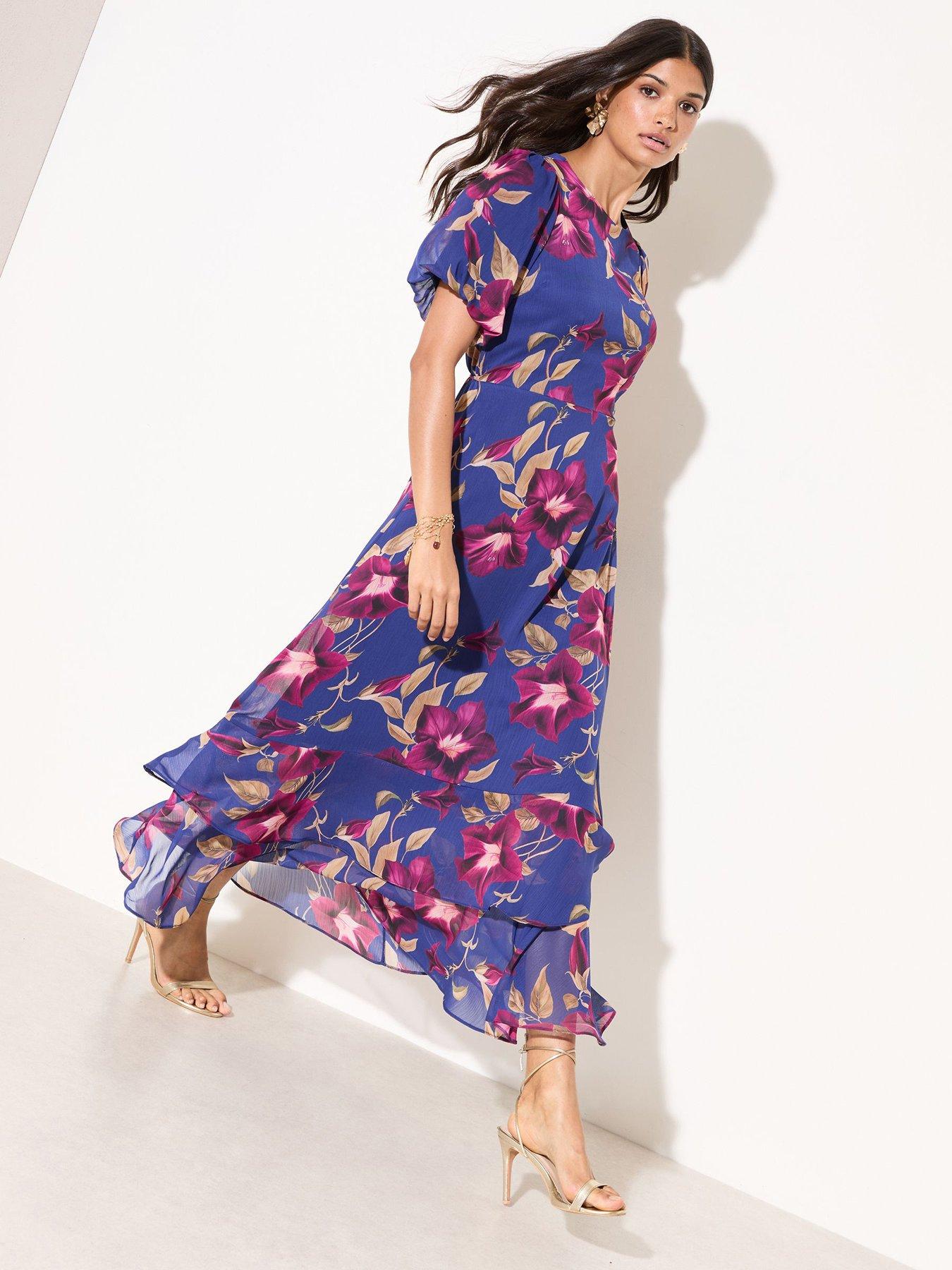 Friends Like These Print Puff Sleeve Tiered Hem Midi Dress  - Navy