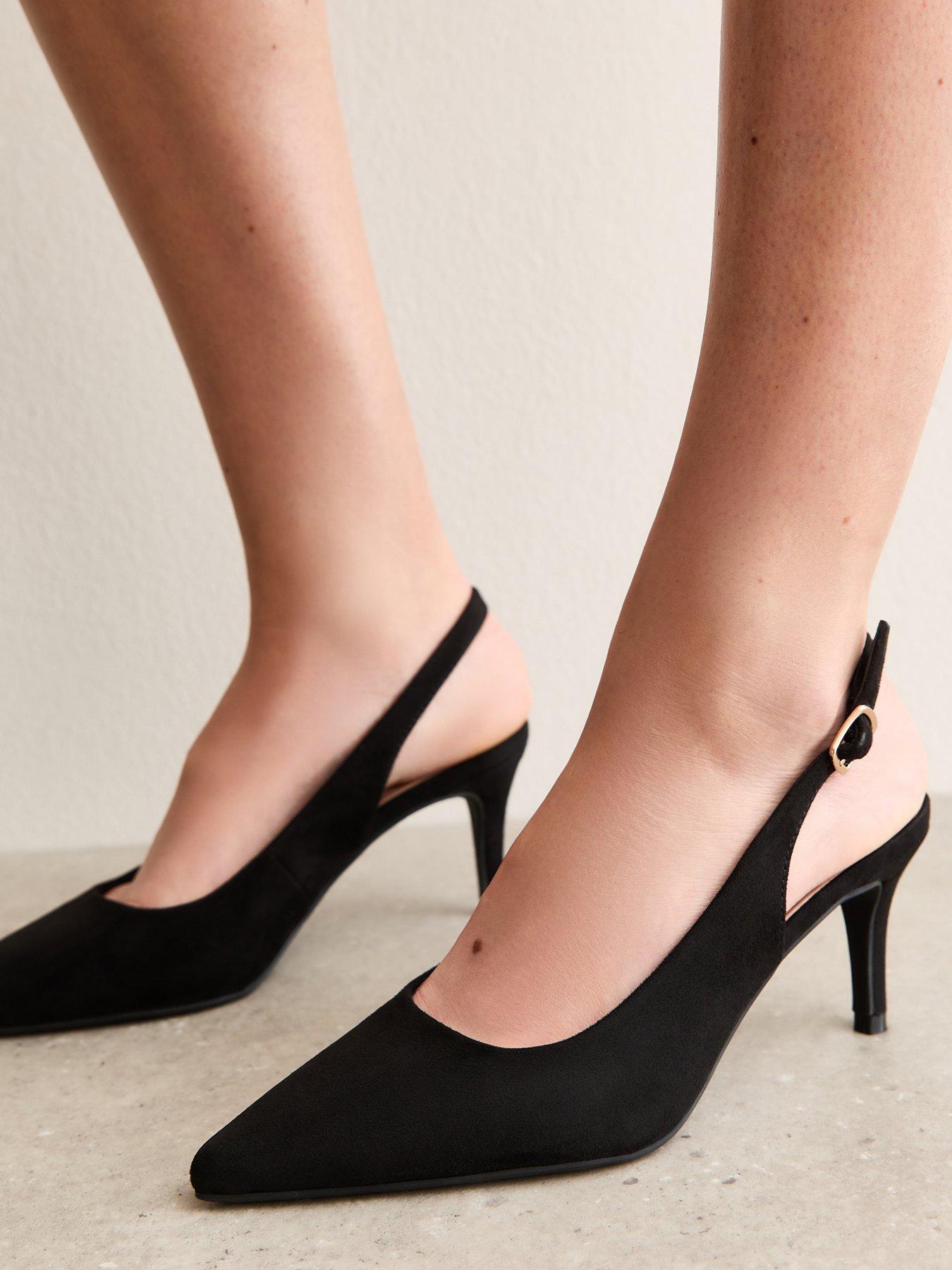 Image 1 of 6 of New Look Faux Suede Slingback Stiletto Court Shoes - Black