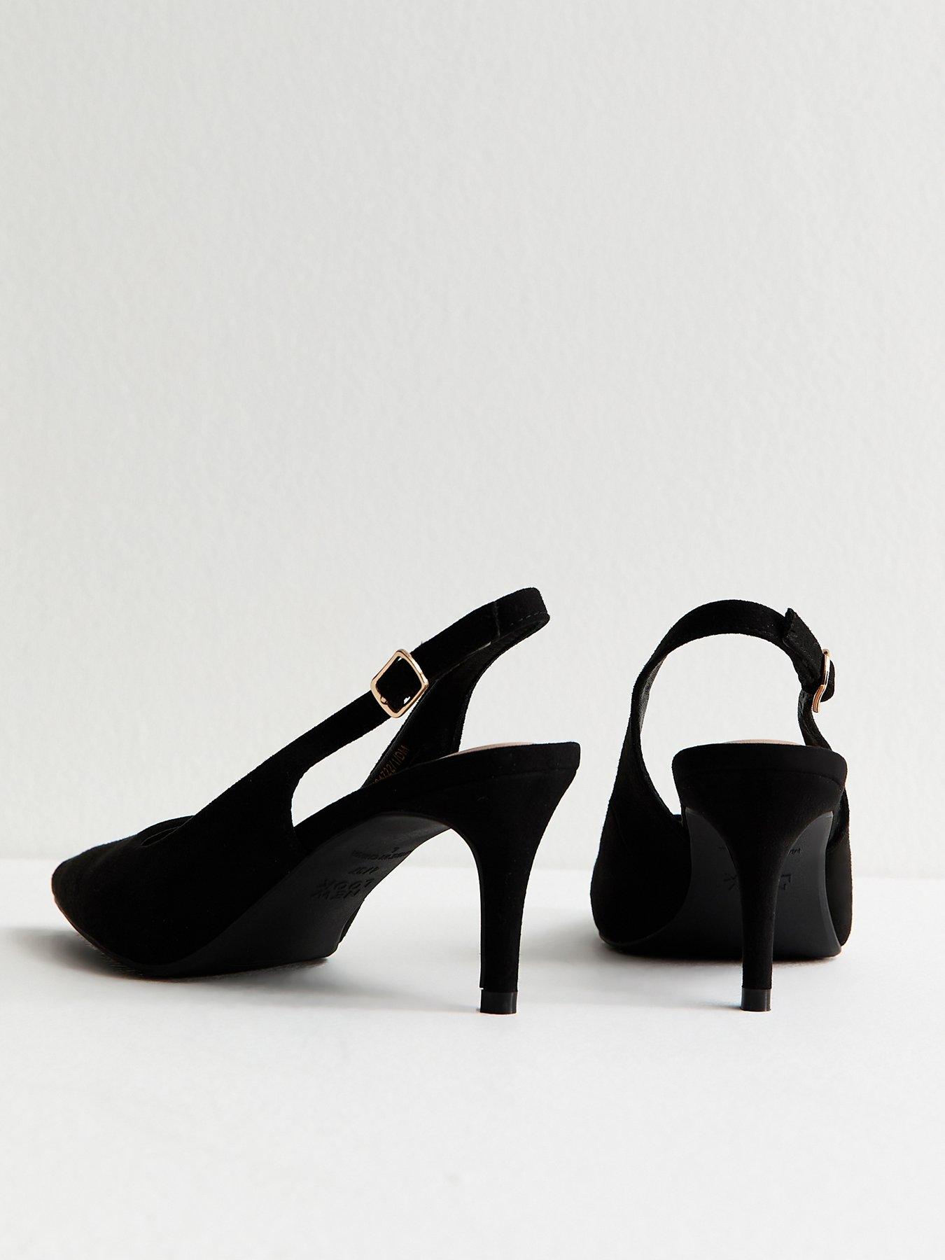 Image 4 of 6 of New Look Faux Suede Slingback Stiletto Court Shoes - Black