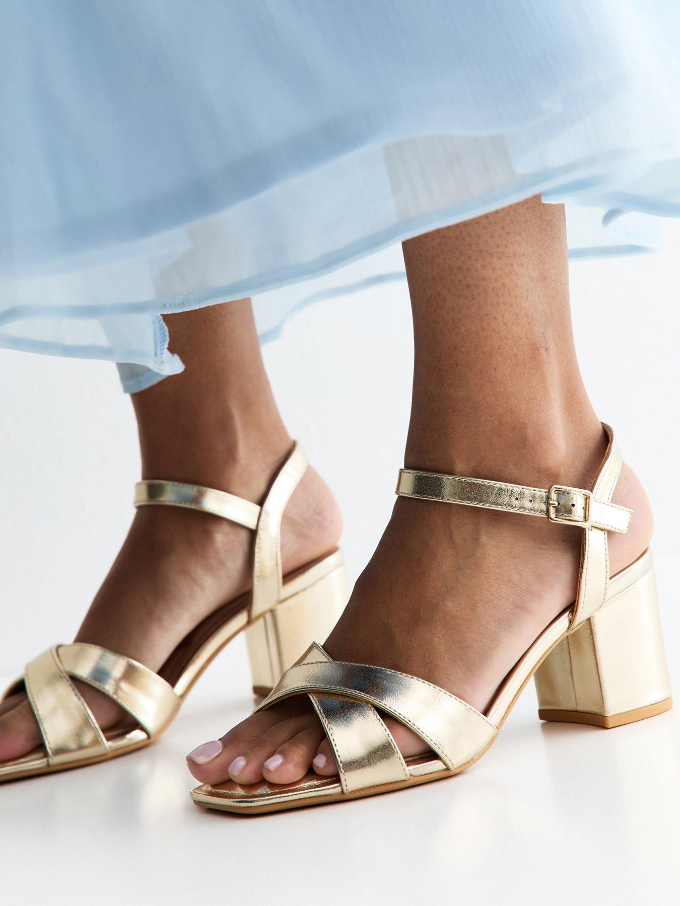 New Look Wide Fit Gold Cross Strap Block Heel Sandals