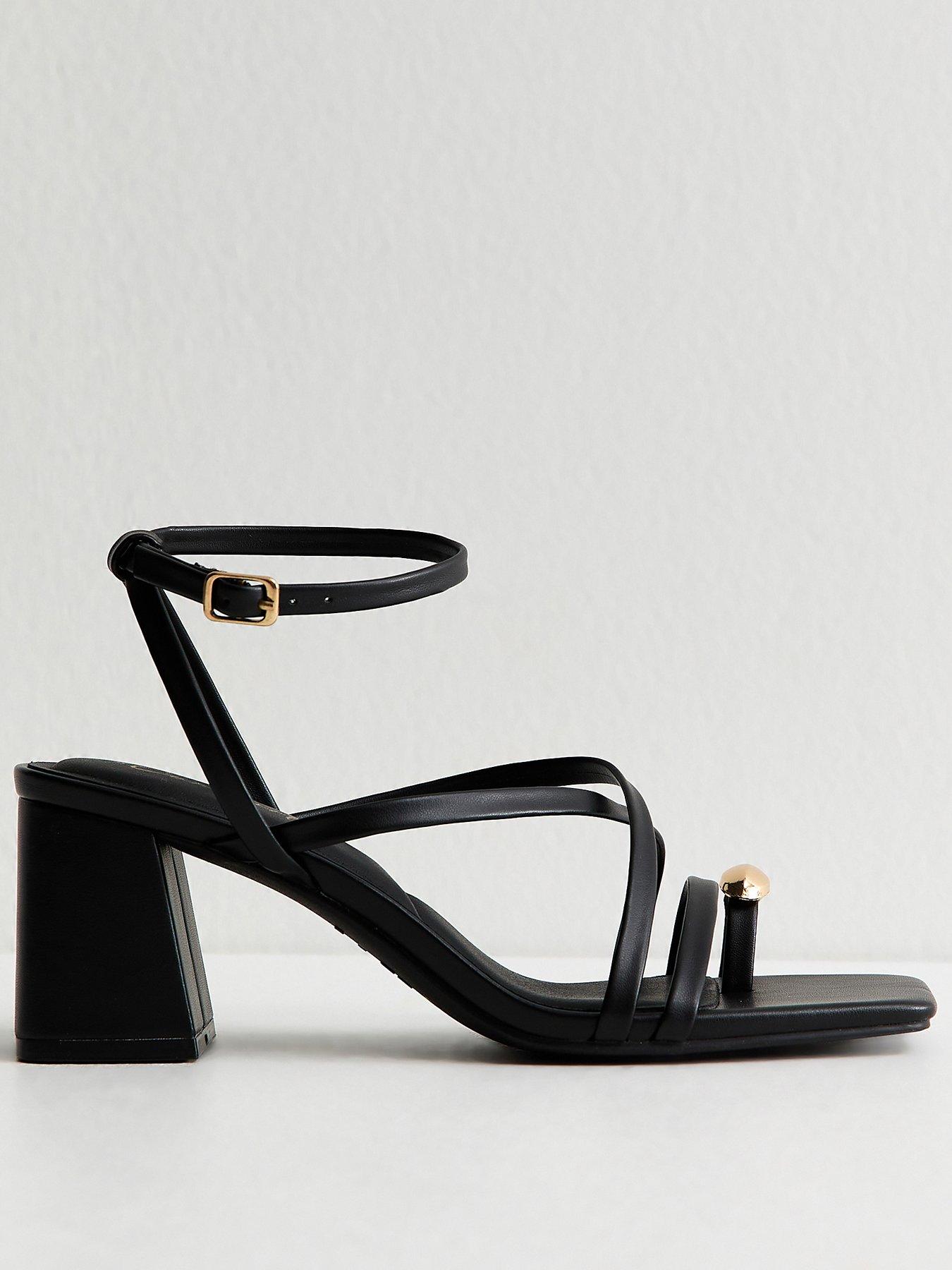 New Look Black Faux Leather Metal Toe Loop Block Heel Sandals | Very