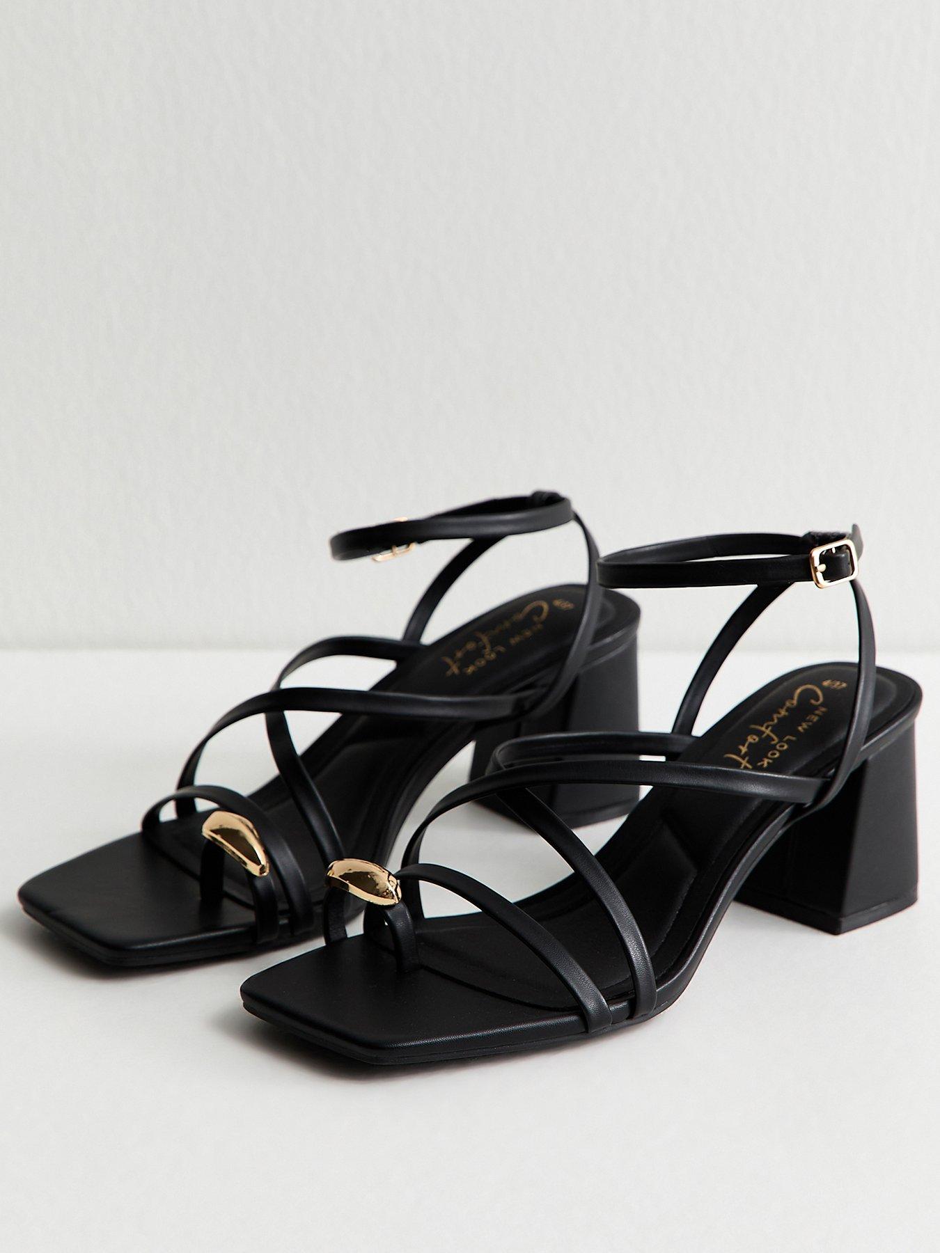New Look Black Faux Leather Metal Toe Loop Block Heel Sandals | Very